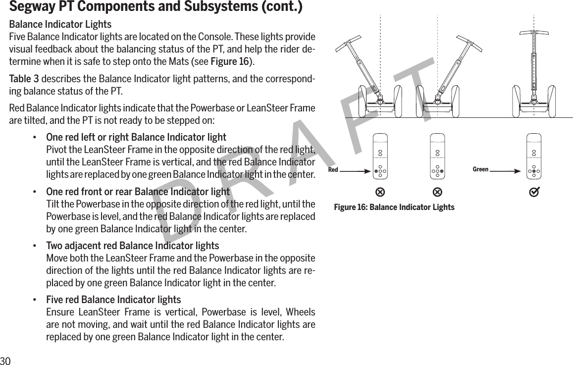 30DRAFTSegway PT Components and Subsystems (cont.)Balance Indicator LightsFive Balance Indicator lights are located on the Console. These lights provide visual feedback about the balancing status of the PT, and help the rider de-termine when it is safe to step onto the Mats (see Figure 16).Table 3 describes the Balance Indicator light patterns, and the correspond-ing balance status of the PT.Red Balance Indicator lights indicate that the Powerbase or LeanSteer Frame are tilted, and the PT is not ready to be stepped on:&bull; One red left or right Balance Indicator lightPivot the LeanSteer Frame in the opposite direction of the red light, until the LeanSteer Frame is vertical, and the red Balance Indicator lights are replaced by one green Balance Indicator light in the center.&bull; One red front or rear Balance Indicator lightTilt the Powerbase in the opposite direction of the red light, until the Powerbase is level, and the red Balance Indicator lights are replaced by one green Balance Indicator light in the center.&bull; Two adjacent red Balance Indicator lightsMove both the LeanSteer Frame and the Powerbase in the opposite direction of the lights until the red Balance Indicator lights are re-placed by one green Balance Indicator light in the center.&bull; Five red Balance Indicator lightsEnsure LeanSteer Frame is vertical, Powerbase is level, Wheels are not moving, and wait until the red Balance Indicator lights are replaced by one green Balance Indicator light in the center.Figure 16: Balance Indicator LightsGreenRed