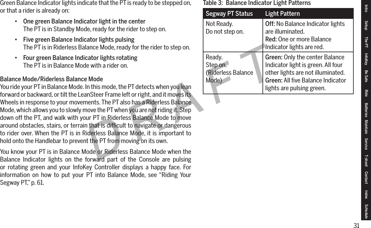 31DRAFTIntro Setup The PT InfoKey Be Safe Ride Batteries Maintain Service T-shoot Contact  Index ScheduleGreen Balance Indicator lights indicate that the PT is ready to be stepped on, or that a rider is already on:&bull; One green Balance Indicator light in the centerThe PT is in Standby Mode, ready for the rider to step on.&bull; Five green Balance Indicator lights pulsingThe PT is in Riderless Balance Mode, ready for the rider to step on.&bull; Four green Balance Indicator lights rotatingThe PT is in Balance Mode with a rider on.Balance Mode/Riderless Balance ModeYou ride your PT in Balance Mode. In this mode, the PT detects when you lean forward or backward, or tilt the LeanSteer Frame left or right, and it moves its Wheels in response to your movements. The PT also has a Riderless Balance Mode, which allows you to slowly move the PT when you are not riding it. Step down off the PT, and walk with your PT in Riderless Balance Mode to move around obstacles, stairs, or terrain that is difﬁcult to navigate or dangerous to rider over. When the PT is in Riderless Balance Mode, it is important to hold onto the Handlebar to prevent the PT from moving on its own.You know your PT is in Balance Mode or Riderless Balance Mode when the Balance Indicator lights on the forward part of the Console are pulsing or rotating green and your InfoKey Controller displays a happy face. For information on how to put your PT into Balance Mode, see &ldquo;Riding Your Segway PT,&rdquo; p. 61.Segway PT Status Light PatternNot Ready.Do not step on.Off: No Balance Indicator lights are illuminated.Red: One or more Balance Indicator lights are red.Ready.Step on.(Riderless Balance Mode)Green: Only the center Balance Indicator light is green. All four other lights are not illuminated.Green: All ﬁve Balance Indicator lights are pulsing green.Table 3:  Balance Indicator Light Patterns