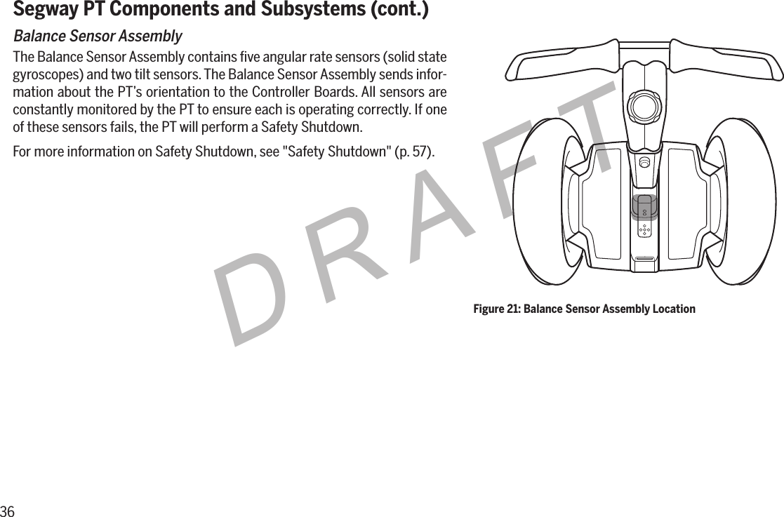 36DRAFTSegway PT Components and Subsystems (cont.)Balance Sensor AssemblyThe Balance Sensor Assembly contains ﬁve angular rate sensors (solid state gyroscopes) and two tilt sensors. The Balance Sensor Assembly sends infor-mation about the PT&rsquo;s orientation to the Controller Boards. All sensors are constantly monitored by the PT to ensure each is operating correctly. If one of these sensors fails, the PT will perform a Safety Shutdown.For more information on Safety Shutdown, see "Safety Shutdown" (p. 57).Figure 21: Balance Sensor Assembly Location