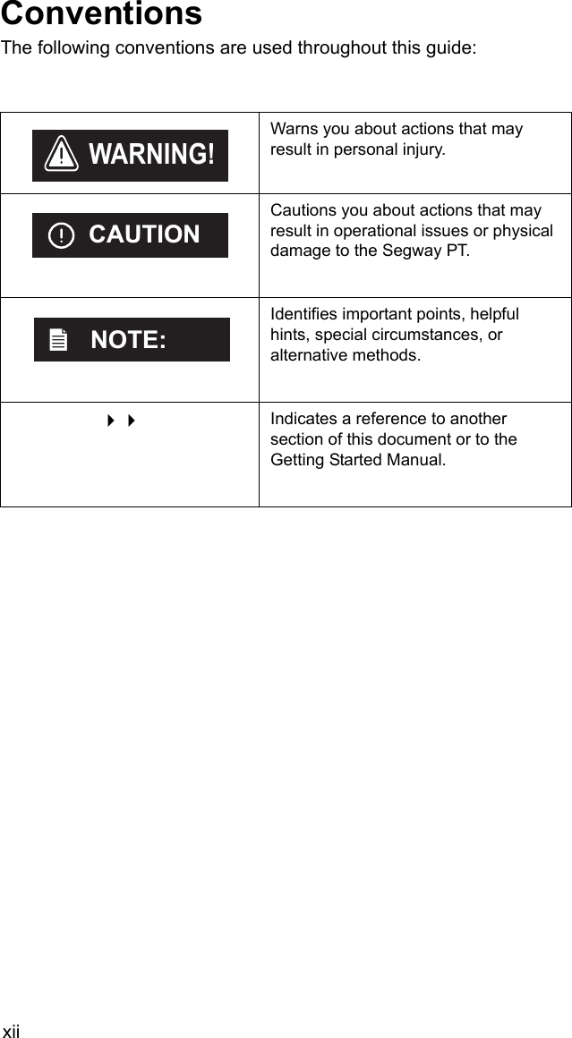 xiiConventionsThe following conventions are used throughout this guide:Warns you about actions that may result in personal injury. Cautions you about actions that may result in operational issues or physical damage to the Segway PT.Identifies important points, helpful hints, special circumstances, or alternative methods. Indicates a reference to another section of this document or to the Getting Started Manual. WARNING!CAUTIONNOTE:
