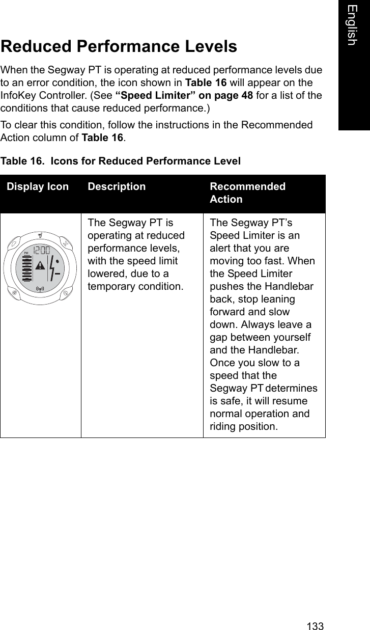133EnglishEnglishReduced Performance LevelsWhen the Segway PT is operating at reduced performance levels due to an error condition, the icon shown in Table 16 will appear on the InfoKey Controller. (See &ldquo;Speed Limiter&rdquo; on page 48 for a list of the conditions that cause reduced performance.)To clear this condition, follow the instructions in the Recommended Action column of Table 16.Table 16.  Icons for Reduced Performance LevelDisplay Icon Description Recommended ActionThe Segway PT is operating at reduced performance levels, with the speed limit lowered, due to a temporary condition.The Segway PT&rsquo;s Speed Limiter is an alert that you are moving too fast. When the Speed Limiter pushes the Handlebar back, stop leaning forward and slow down. Always leave a gap between yourself and the Handlebar. Once you slow to a speed that the Segway PT determines is safe, it will resume normal operation and riding position. 
