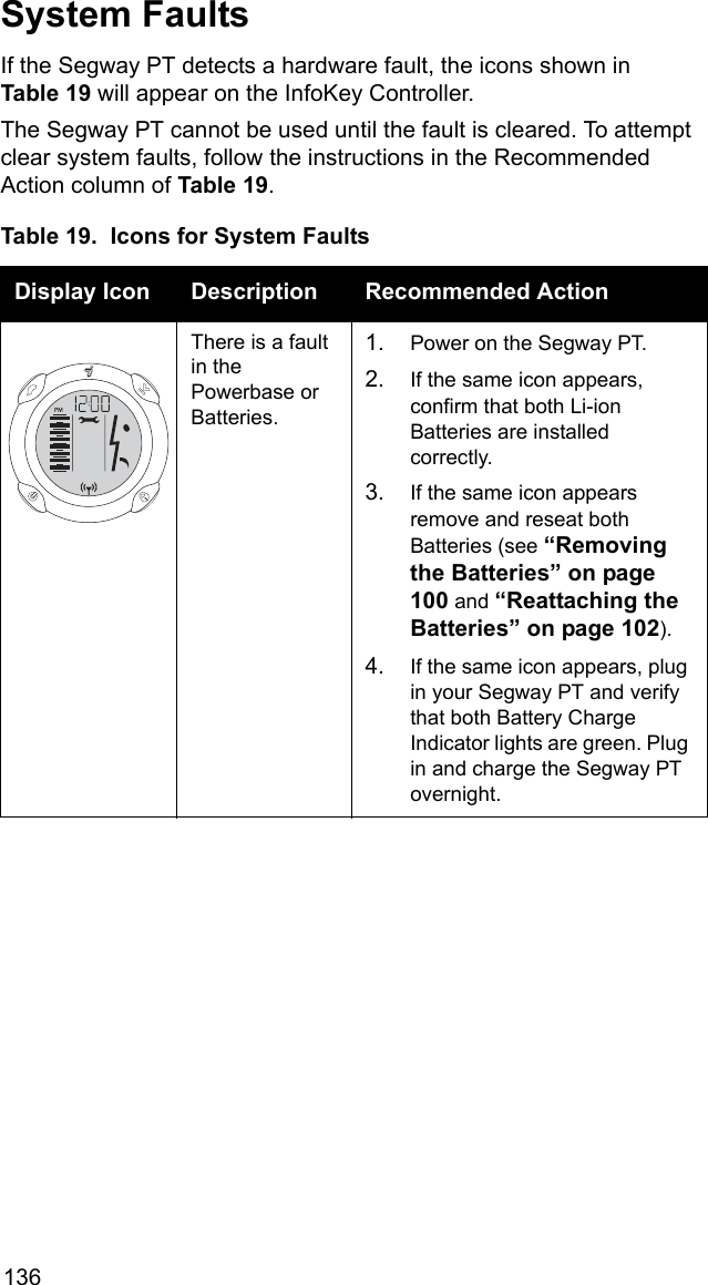 136System FaultsIf the Segway PT detects a hardware fault, the icons shown in Table 19 will appear on the InfoKey Controller. The Segway PT cannot be used until the fault is cleared. To attempt clear system faults, follow the instructions in the Recommended Action column of Table 19.Table 19.  Icons for System FaultsDisplay Icon Description Recommended ActionThere is a fault in the Powerbase or Batteries.1. Power on the Segway PT.2. If the same icon appears, confirm that both Li-ion Batteries are installed correctly.3. If the same icon appears remove and reseat both Batteries (see &ldquo;Removing the Batteries&rdquo; on page 100 and &ldquo;Reattaching the Batteries&rdquo; on page 102). 4. If the same icon appears, plug in your Segway PT and verify that both Battery Charge Indicator lights are green. Plug in and charge the Segway PT overnight.