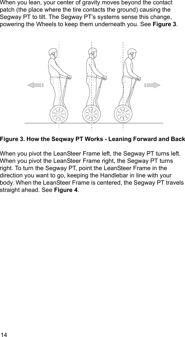 14When you lean, your center of gravity moves beyond the contact patch (the place where the tire contacts the ground) causing the Segway PT to tilt. The Segway PT&rsquo;s systems sense this change, powering the Wheels to keep them underneath you. See Figure 3.Figure 3. How the Seqway PT Works - Leaning Forward and BackWhen you pivot the LeanSteer Frame left, the Segway PT turns left. When you pivot the LeanSteer Frame right, the Segway PT turns right. To turn the Segway PT, point the LeanSteer Frame in the direction you want to go, keeping the Handlebar in line with your body. When the LeanSteer Frame is centered, the Segway PT travels straight ahead. See Figure 4.