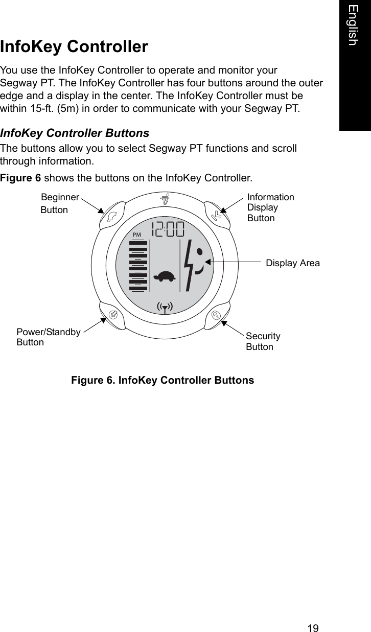 19EnglishEnglishInfoKey ControllerYou use the InfoKey Controller to operate and monitor your Segway PT. The InfoKey Controller has four buttons around the outer edge and a display in the center. The InfoKey Controller must be within 15-ft. (5m) in order to communicate with your Segway PT.InfoKey Controller ButtonsThe buttons allow you to select Segway PT functions and scroll through information.Figure 6 shows the buttons on the InfoKey Controller.Figure 6. InfoKey Controller Buttons Power/StandbyBeginnerButton InformationButtonDisplay AreaSecurity DisplayButton Button