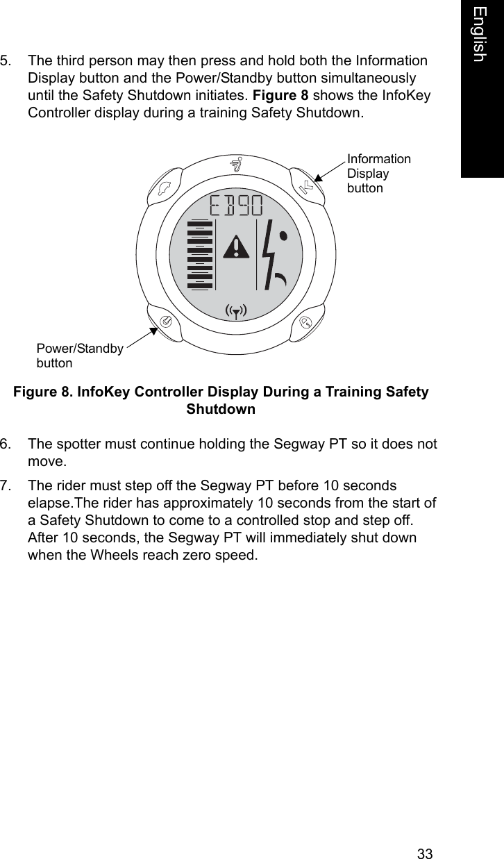 33EnglishEnglish5. The third person may then press and hold both the Information Display button and the Power/Standby button simultaneously until the Safety Shutdown initiates. Figure 8 shows the InfoKey Controller display during a training Safety Shutdown.Figure 8. InfoKey Controller Display During a Training Safety Shutdown6. The spotter must continue holding the Segway PT so it does not move.7. The rider must step off the Segway PT before 10 seconds elapse.The rider has approximately 10 seconds from the start of a Safety Shutdown to come to a controlled stop and step off. After 10 seconds, the Segway PT will immediately shut down when the Wheels reach zero speed.Power/StandbyInformationbuttonDisplaybutton