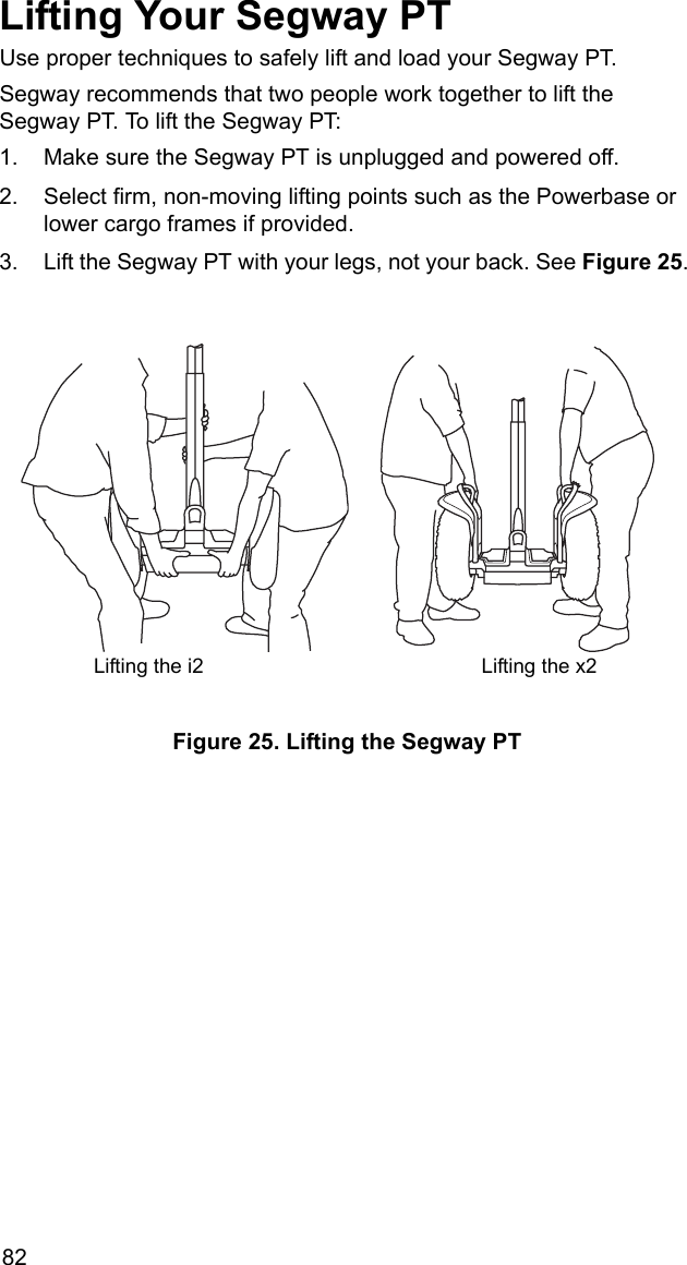 82Lifting Your Segway PTUse proper techniques to safely lift and load your Segway PT. Segway recommends that two people work together to lift the Segway PT. To lift the Segway PT: 1. Make sure the Segway PT is unplugged and powered off.2. Select firm, non-moving lifting points such as the Powerbase or lower cargo frames if provided.3. Lift the Segway PT with your legs, not your back. See Figure 25. Figure 25. Lifting the Segway PTLifting the i2  Lifting the x2 