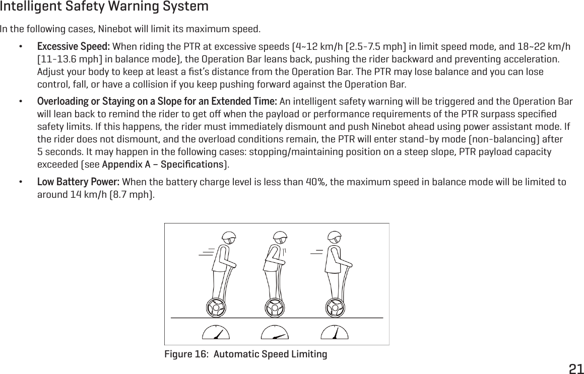 21Intelligent Safety Warning SystemIn the following cases, Ninebot will limit its maximum speed. &bull;Excessive Speed: When riding the PTR at excessive speeds (4~12 km/h [2.5-7.5 mph] in limit speed mode, and 18~22 km/h [11-13.6 mph] in balance mode), the Operation Bar leans back, pushing the rider backward and preventing acceleration. Adjust your body to keep at least a ﬁst&rsquo;s distance from the Operation Bar. The PTR may lose balance and you can lose control, fall, or have a collision if you keep pushing forward against the Operation Bar. &bull;Overloading or Staying on a Slope for an Extended Time: An intelligent safety warning will be triggered and the Operation Bar will lean back to remind the rider to get oﬀ when the payload or performance requirements of the PTR surpass speciﬁed safety limits. If this happens, the rider must immediately dismount and push Ninebot ahead using power assistant mode. If the rider does not dismount, and the overload conditions remain, the PTR will enter stand-by mode (non-balancing) after 5 seconds. It may happen in the following cases: stopping/maintaining position on a steep slope, PTR payload capacity exceeded (see Appendix A &ndash; Speciﬁcations). &bull;Low Battery Power: When the battery charge level is less than 40%, the maximum speed in balance mode will be limited to around 14 km/h (8.7 mph).Figure 16:  Automatic Speed Limiting