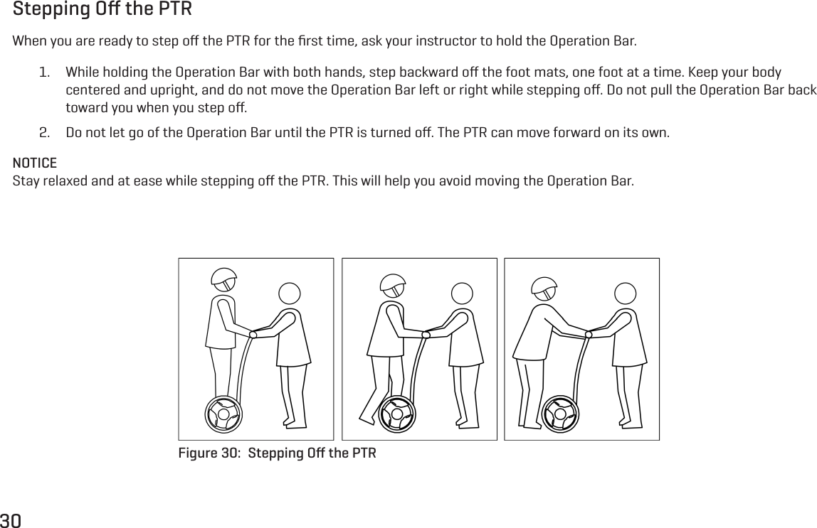 30Stepping Oﬀ the PTRWhen you are ready to step oﬀ the PTR for the ﬁrst time, ask your instructor to hold the Operation Bar.1.  While holding the Operation Bar with both hands, step backward oﬀ the foot mats, one foot at a time. Keep your body centered and upright, and do not move the Operation Bar left or right while stepping oﬀ. Do not pull the Operation Bar back toward you when you step oﬀ.2.  Do not let go of the Operation Bar until the PTR is turned oﬀ. The PTR can move forward on its own.NOTICEStay relaxed and at ease while stepping oﬀ the PTR. This will help you avoid moving the Operation Bar.Figure 30:  Stepping Oﬀ the PTR