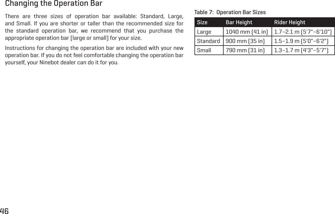 46Changing the Operation BarThere are three sizes of operation bar available: Standard, Large, and Small. If you are shorter or taller than the recommended size for the standard operation bar, we recommend that you purchase the appropriate operation bar (large or small) for your size.Instructions for changing the operation bar are included with your new operation bar. If you do not feel comfortable changing the operation bar yourself, your Ninebot dealer can do it for you.Size Bar Height Rider HeightLarge 1040 mm (41 in) 1.7&ndash;2.1 m (5'7"&ndash;6'10")Standard 900 mm (35 in) 1.5&ndash;1.9 m (5'0"&ndash;6'2")Small 790 mm (31 in) 1.3&ndash;1.7 m (4'3"&ndash;5'7")Table 7:  Operation Bar Sizes