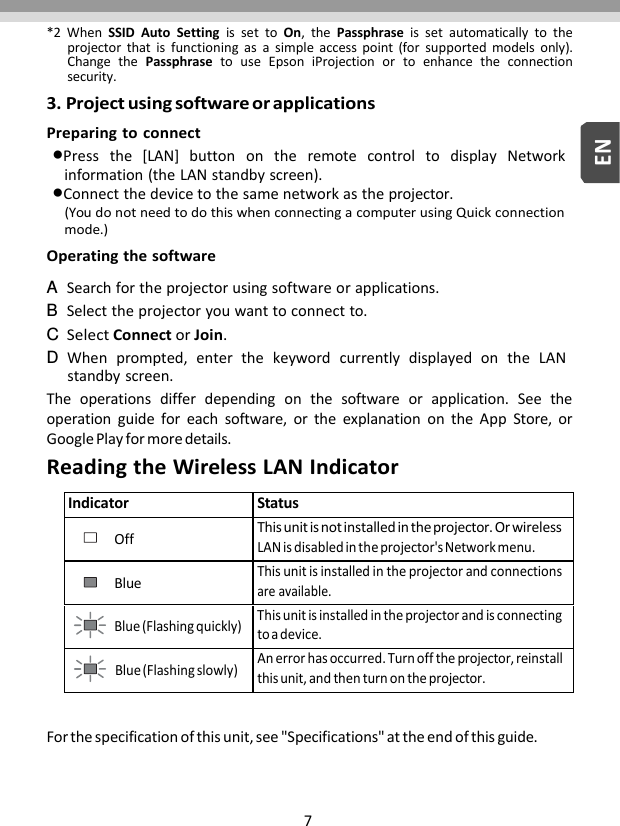 7EN*2WhenSSIDAutoSettingissettoOn,thePassphraseissetautomaticallytotheprojectorthatisfunctioningasasimpleaccesspoint(forsupportedmodelsonly).ChangethePassphrasetouseEpsoniProjectionortoenhancetheconnectionsecurity.3.ProjectusingsoftwareorapplicationsPreparingtoconnectPress the [LAN] button on the remote control to display Networkinformation(theLANstandbyscreen).Connectthedevicetothesamenetworkastheprojector.(YoudonotneedtodothiswhenconnectingacomputerusingQuickconnectionmode.)OperatingthesoftwareA  Searchfortheprojectorusingsoftwareorapplications.B  Selecttheprojectoryouwanttoconnectto.C SelectConnectorJoin.D  Whenprompted,enterthekeywordcurrentlydisplayedontheLANstandbyscreen.Theoperationsdifferdependingonthesoftwareorapplication.Seetheoperationguideforeachsoftware,ortheexplanationontheAppStore,orGooglePlayformoredetails.ReadingtheWirelessLANIndicatorIndicatorStatusOffThisunitisnotinstalledintheprojector.OrwirelessLANisdisabledintheprojector&apos;sNetworkmenu.BlueThisunitisinstalledintheprojectorandconnectionsareavailable.Blue(Flashingquickly) Thisunitisinstalledintheprojectorandisconnectingtoadevice.Blue(Flashingslowly)Anerrorhasoccurred.Turnofftheprojector,reinstallthisunit,andthenturnontheprojector.Forthespecificationofthisunit,see&quot;Specifications&quot;attheendofthisguide.