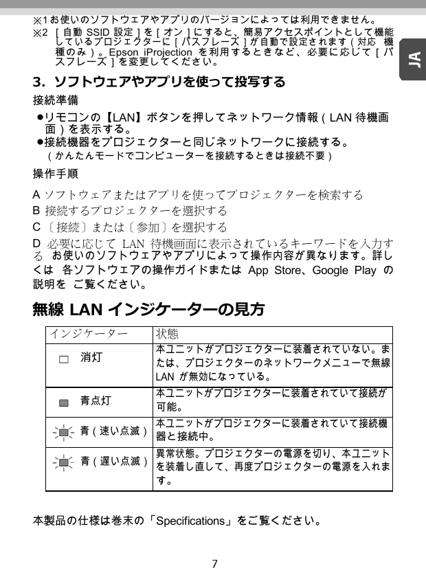   ※1 お使いのソフトウェアやアプリのバージョンによっては利用できません。 ※2 ［自動 SSID 設定］を［オン］にすると、簡易アクセスポイントとして機能 しているプロジェクターに［パスフレーズ］が自動で設定されます（対応 機種のみ）。Epson  iProjection  を利用するときなど、必要に応じて［パ スフレーズ］を変更してください。 3．ソフトウェアやアプリを使って投写する 接続準備 リモコンの【LAN】ボタンを押してネットワーク情報（LAN 待機画 面）を表示する。 接続機器をプロジェクターと同じネットワークに接続する。 （かんたんモードでコンピューターを接続するときは接続不要） 操作手順 A ソフトウェアまたはアプリを使ってプロジェクターを検索する B  接続するプロジェクターを選択する C ［接続］または［参加］を選択する D  必要に応じて LAN 待機画面に表示されているキーワードを入力する お使いのソフトウェアやアプリによって操作内容が異なります。詳しくは 各ソフトウェアの操作ガイドまたは  App  Store、Google  Play  の説明を ご覧ください。 無線 LAN インジケーターの見方  インジケーター 状態 消灯 本ユニットがプロジェクターに装着されていない。ま たは、プロジェクターのネットワークメニューで無線 LAN  が無効になっている。 青点灯 本ユニットがプロジェクターに装着されていて接続が 可能。 青（速い点滅） 本ユニットがプロジェクターに装着されていて接続機 器と接続中。 青（遅い点滅） 異常状態。プロジェクターの電源を切り、本ユニット を装着し直して、再度プロジェクターの電源を入れま す。  本製品の仕様は巻末の「Speciﬁcations」をご覧ください。 