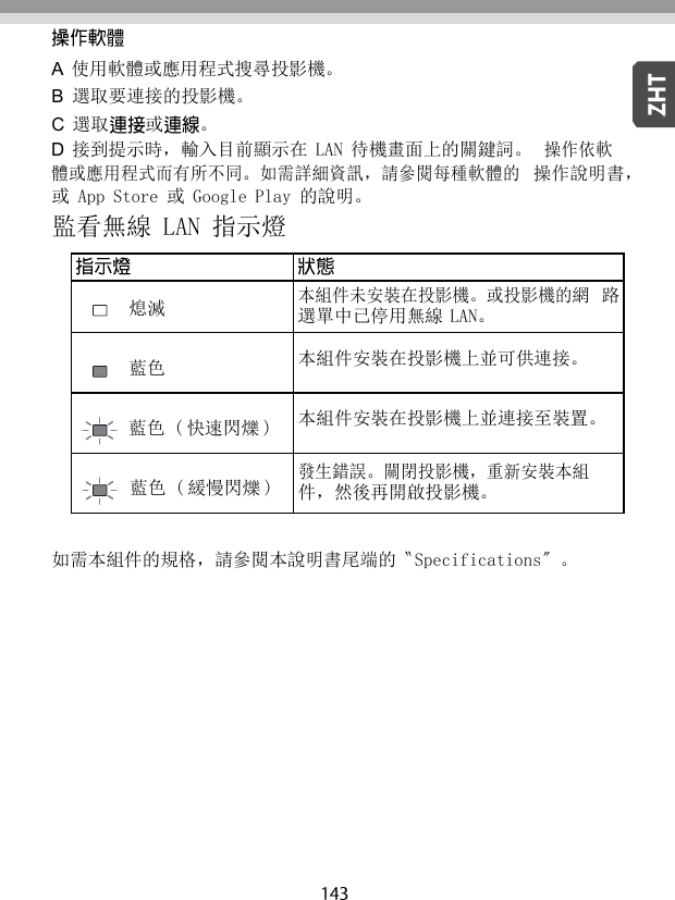   A  使用軟體或應用程式搜尋投影機。 B  選取要連接的投影機。 C  選取 或 。 D  接到提示時，輸入目前顯示在 LAN 待機畫面上的關鍵詞。 操作依軟體或應用程式而有所不同。如需詳細資訊，請參閱每種軟體的 操作說明書，或 App Store 或 Google Play 的說明。 監看無線 LAN 指示燈  熄滅 本組件未安裝在投影機。或投影機的網 路選單中已停用無線 LAN。  藍色 本組件安裝在投影機上並可供連接。  藍色 ( 快速閃爍 ) 本組件安裝在投影機上並連接至裝置。  藍色 ( 緩慢閃爍 ) 發生錯誤。關閉投影機，重新安裝本組 件，然後再開啟投影機。  如需本組件的規格，請參閱本說明書尾端的〝Specifications〞。 