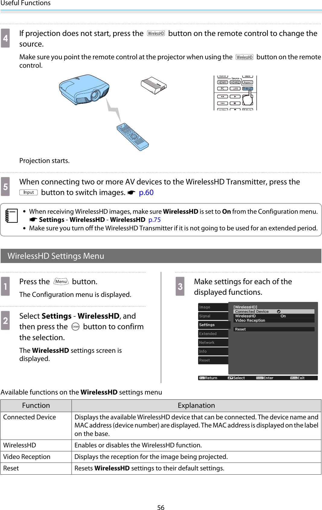 Useful Functions56dIf projection does not start, press the   button on the remote control to change thesource.Make sure you point the remote control at the projector when using the   button on the remotecontrol.Projection starts.eWhen connecting two or more AV devices to the WirelessHD Transmitter, press the button to switch images. s  p.60c•When receiving WirelessHD images, make sure WirelessHD is set to On from the Configuration menu.s Settings - WirelessHD - WirelessHD  p.75•Make sure you turn off the WirelessHD Transmitter if it is not going to be used for an extended period.WirelessHD Settings MenuaPress the   button.The Configuration menu is displayed.bSelect Settings - WirelessHD, andthen press the   button to confirmthe selection.The WirelessHD settings screen isdisplayed.cMake settings for each of thedisplayed functions.Available functions on the WirelessHD settings menuFunction ExplanationConnected Device Displays the available WirelessHD device that can be connected. The device name andMAC address (device number) are displayed. The MAC address is displayed on the labelon the base.WirelessHD Enables or disables the WirelessHD function.Video Reception Displays the reception for the image being projected.Reset Resets WirelessHD settings to their default settings.