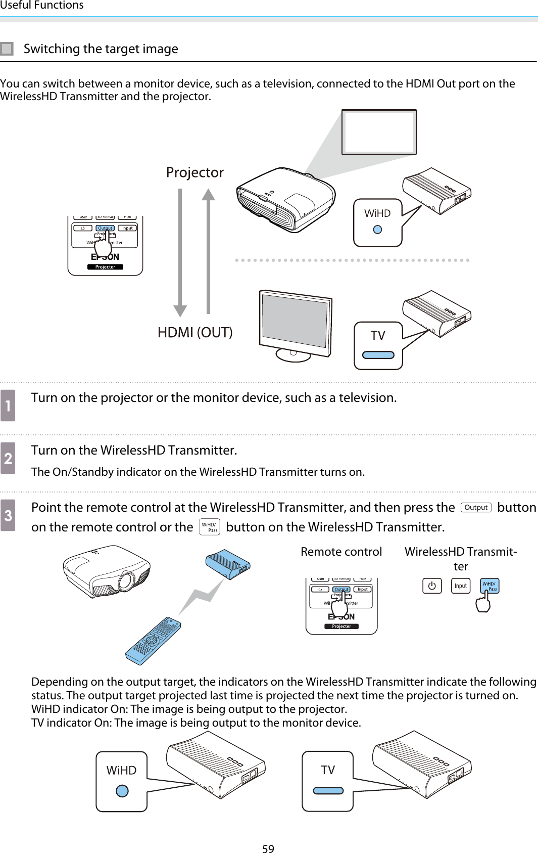 Useful Functions59Switching the target imageYou can switch between a monitor device, such as a television, connected to the HDMI Out port on theWirelessHD Transmitter and the projector.aTurn on the projector or the monitor device, such as a television.bTurn on the WirelessHD Transmitter.The On/Standby indicator on the WirelessHD Transmitter turns on.cPoint the remote control at the WirelessHD Transmitter, and then press the   buttonon the remote control or the   button on the WirelessHD Transmitter.Remote control WirelessHD Transmit-terDepending on the output target, the indicators on the WirelessHD Transmitter indicate the followingstatus. The output target projected last time is projected the next time the projector is turned on.WiHD indicator On: The image is being output to the projector.TV indicator On: The image is being output to the monitor device.