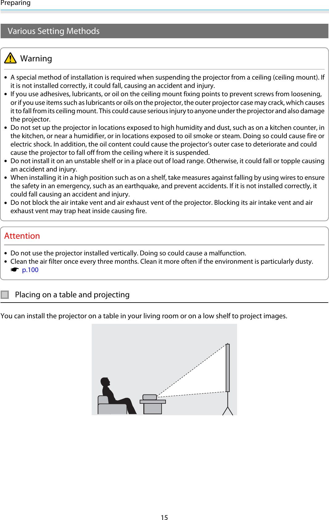 Preparing15Various Setting MethodsWarning•A special method of installation is required when suspending the projector from a ceiling (ceiling mount). Ifit is not installed correctly, it could fall, causing an accident and injury.•If you use adhesives, lubricants, or oil on the ceiling mount fixing points to prevent screws from loosening,or if you use items such as lubricants or oils on the projector, the outer projector case may crack, which causesit to fall from its ceiling mount. This could cause serious injury to anyone under the projector and also damagethe projector.•Do not set up the projector in locations exposed to high humidity and dust, such as on a kitchen counter, inthe kitchen, or near a humidifier, or in locations exposed to oil smoke or steam. Doing so could cause fire orelectric shock. In addition, the oil content could cause the projector’s outer case to deteriorate and couldcause the projector to fall off from the ceiling where it is suspended.•Do not install it on an unstable shelf or in a place out of load range. Otherwise, it could fall or topple causingan accident and injury.•When installing it in a high position such as on a shelf, take measures against falling by using wires to ensurethe safety in an emergency, such as an earthquake, and prevent accidents. If it is not installed correctly, itcould fall causing an accident and injury.•Do not block the air intake vent and air exhaust vent of the projector. Blocking its air intake vent and airexhaust vent may trap heat inside causing fire.Attention•Do not use the projector installed vertically. Doing so could cause a malfunction.•Clean the air filter once every three months. Clean it more often if the environment is particularly dusty.s  p.100Placing on a table and projectingYou can install the projector on a table in your living room or on a low shelf to project images.