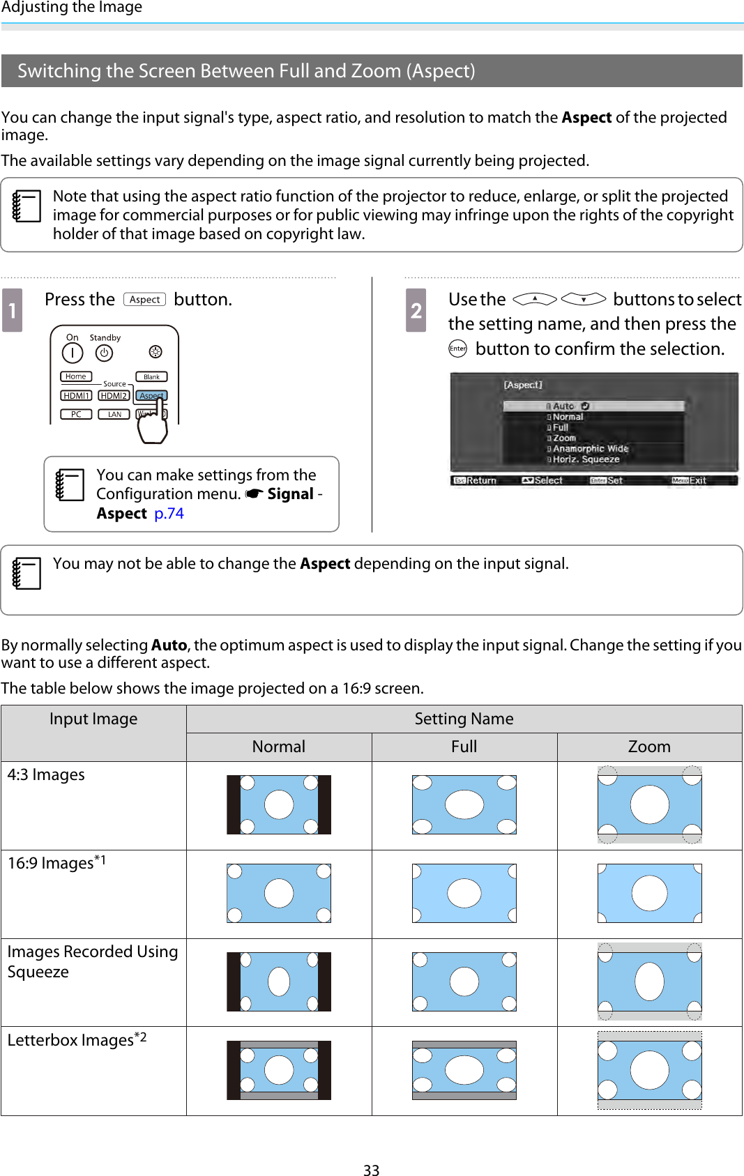 Adjusting the Image33Switching the Screen Between Full and Zoom (Aspect)You can change the input signal&apos;s type, aspect ratio, and resolution to match the Aspect of the projectedimage.The available settings vary depending on the image signal currently being projected.cNote that using the aspect ratio function of the projector to reduce, enlarge, or split the projectedimage for commercial purposes or for public viewing may infringe upon the rights of the copyrightholder of that image based on copyright law.aPress the   button.cYou can make settings from theConfiguration menu. s Signal -Aspect  p.74bUse the   buttons to selectthe setting name, and then press the button to confirm the selection.cYou may not be able to change the Aspect depending on the input signal.By normally selecting Auto, the optimum aspect is used to display the input signal. Change the setting if youwant to use a different aspect.The table below shows the image projected on a 16:9 screen.Input Image Setting NameNormal Full Zoom4:3 Images16:9 Images*1Images Recorded UsingSqueezeLetterbox Images*2