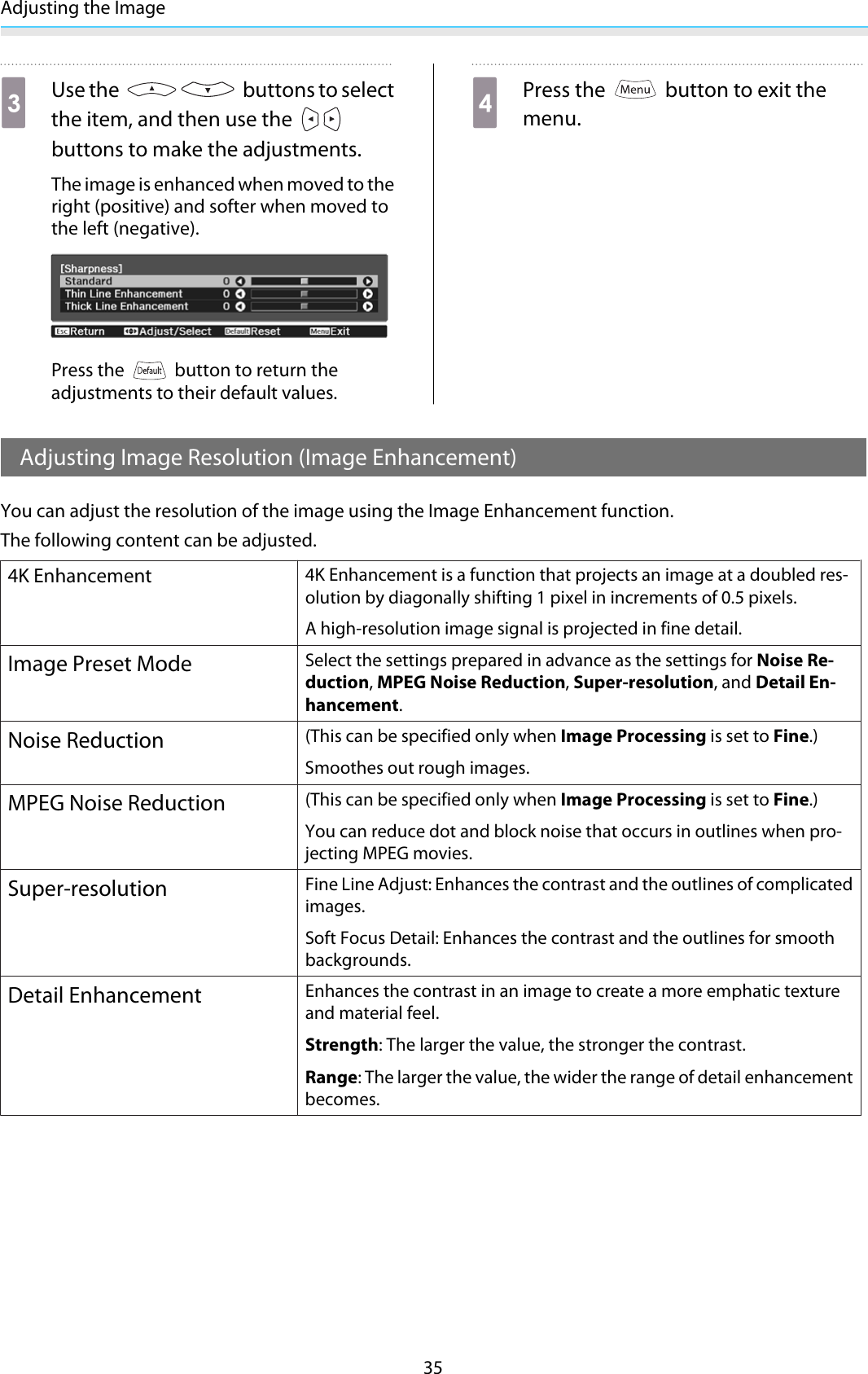 Adjusting the Image35cUse the   buttons to selectthe item, and then use the buttons to make the adjustments.The image is enhanced when moved to theright (positive) and softer when moved tothe left (negative).Press the   button to return theadjustments to their default values.dPress the   button to exit themenu.Adjusting Image Resolution (Image Enhancement)You can adjust the resolution of the image using the Image Enhancement function.The following content can be adjusted.4K Enhancement4K Enhancement is a function that projects an image at a doubled res-olution by diagonally shifting 1 pixel in increments of 0.5 pixels.A high-resolution image signal is projected in fine detail.Image Preset ModeSelect the settings prepared in advance as the settings for Noise Re-duction, MPEG Noise Reduction, Super-resolution, and Detail En-hancement.Noise Reduction(This can be specified only when Image Processing is set to Fine.)Smoothes out rough images.MPEG Noise Reduction(This can be specified only when Image Processing is set to Fine.)You can reduce dot and block noise that occurs in outlines when pro-jecting MPEG movies.Super-resolutionFine Line Adjust: Enhances the contrast and the outlines of complicatedimages.Soft Focus Detail: Enhances the contrast and the outlines for smoothbackgrounds.Detail EnhancementEnhances the contrast in an image to create a more emphatic textureand material feel.Strength: The larger the value, the stronger the contrast.Range: The larger the value, the wider the range of detail enhancementbecomes.