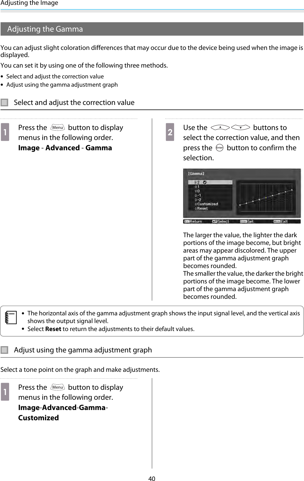 Adjusting the Image40Adjusting the GammaYou can adjust slight coloration differences that may occur due to the device being used when the image isdisplayed.You can set it by using one of the following three methods.•Select and adjust the correction value•Adjust using the gamma adjustment graphSelect and adjust the correction valueaPress the   button to displaymenus in the following order.Image - Advanced - GammabUse the   buttons toselect the correction value, and thenpress the   button to confirm theselection.The larger the value, the lighter the darkportions of the image become, but brightareas may appear discolored. The upperpart of the gamma adjustment graphbecomes rounded.The smaller the value, the darker the brightportions of the image become. The lowerpart of the gamma adjustment graphbecomes rounded.c•The horizontal axis of the gamma adjustment graph shows the input signal level, and the vertical axisshows the output signal level.•Select Reset to return the adjustments to their default values.Adjust using the gamma adjustment graphSelect a tone point on the graph and make adjustments.aPress the   button to displaymenus in the following order.Image-Advanced-Gamma-Customized