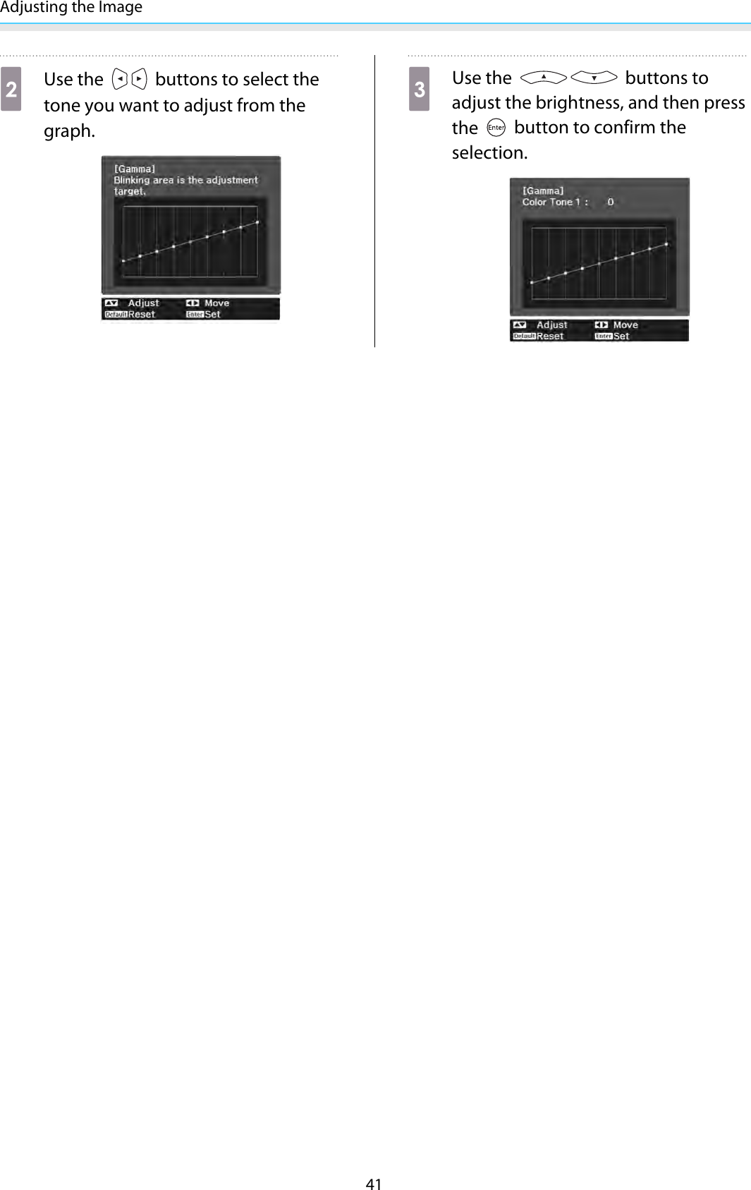 Adjusting the Image41bUse the   buttons to select thetone you want to adjust from thegraph.cUse the   buttons toadjust the brightness, and then pressthe   button to confirm theselection.