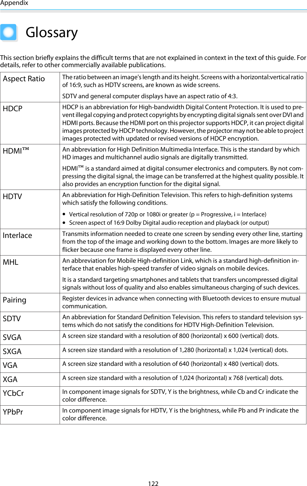 Appendix122GlossaryThis section briefly explains the difficult terms that are not explained in context in the text of this guide. Fordetails, refer to other commercially available publications.Aspect RatioThe ratio between an image&apos;s length and its height. Screens with a horizontal:vertical ratioof 16:9, such as HDTV screens, are known as wide screens.SDTV and general computer displays have an aspect ratio of 4:3.HDCPHDCP is an abbreviation for High-bandwidth Digital Content Protection. It is used to pre-vent illegal copying and protect copyrights by encrypting digital signals sent over DVI andHDMI ports. Because the HDMI port on this projector supports HDCP, it can project digitalimages protected by HDCP technology. However, the projector may not be able to projectimages protected with updated or revised versions of HDCP encryption.HDMI™An abbreviation for High Definition Multimedia Interface. This is the standard by whichHD images and multichannel audio signals are digitally transmitted.HDMI™ is a standard aimed at digital consumer electronics and computers. By not com-pressing the digital signal, the image can be transferred at the highest quality possible. Italso provides an encryption function for the digital signal.HDTVAn abbreviation for High-Definition Television. This refers to high-definition systemswhich satisfy the following conditions.•Vertical resolution of 720p or 1080i or greater (p = Progressive, i = Interlace)•Screen aspect of 16:9 Dolby Digital audio reception and playback (or output)InterlaceTransmits information needed to create one screen by sending every other line, startingfrom the top of the image and working down to the bottom. Images are more likely toflicker because one frame is displayed every other line.MHLAn abbreviation for Mobile High-definition Link, which is a standard high-definition in-terface that enables high-speed transfer of video signals on mobile devices.It is a standard targeting smartphones and tablets that transfers uncompressed digitalsignals without loss of quality and also enables simultaneous charging of such devices.PairingRegister devices in advance when connecting with Bluetooth devices to ensure mutualcommunication.SDTVAn abbreviation for Standard Definition Television. This refers to standard television sys-tems which do not satisfy the conditions for HDTV High-Definition Television.SVGAA screen size standard with a resolution of 800 (horizontal) x 600 (vertical) dots.SXGAA screen size standard with a resolution of 1,280 (horizontal) x 1,024 (vertical) dots.VGAA screen size standard with a resolution of 640 (horizontal) x 480 (vertical) dots.XGAA screen size standard with a resolution of 1,024 (horizontal) x 768 (vertical) dots.YCbCrIn component image signals for SDTV, Y is the brightness, while Cb and Cr indicate thecolor difference.YPbPrIn component image signals for HDTV, Y is the brightness, while Pb and Pr indicate thecolor difference.