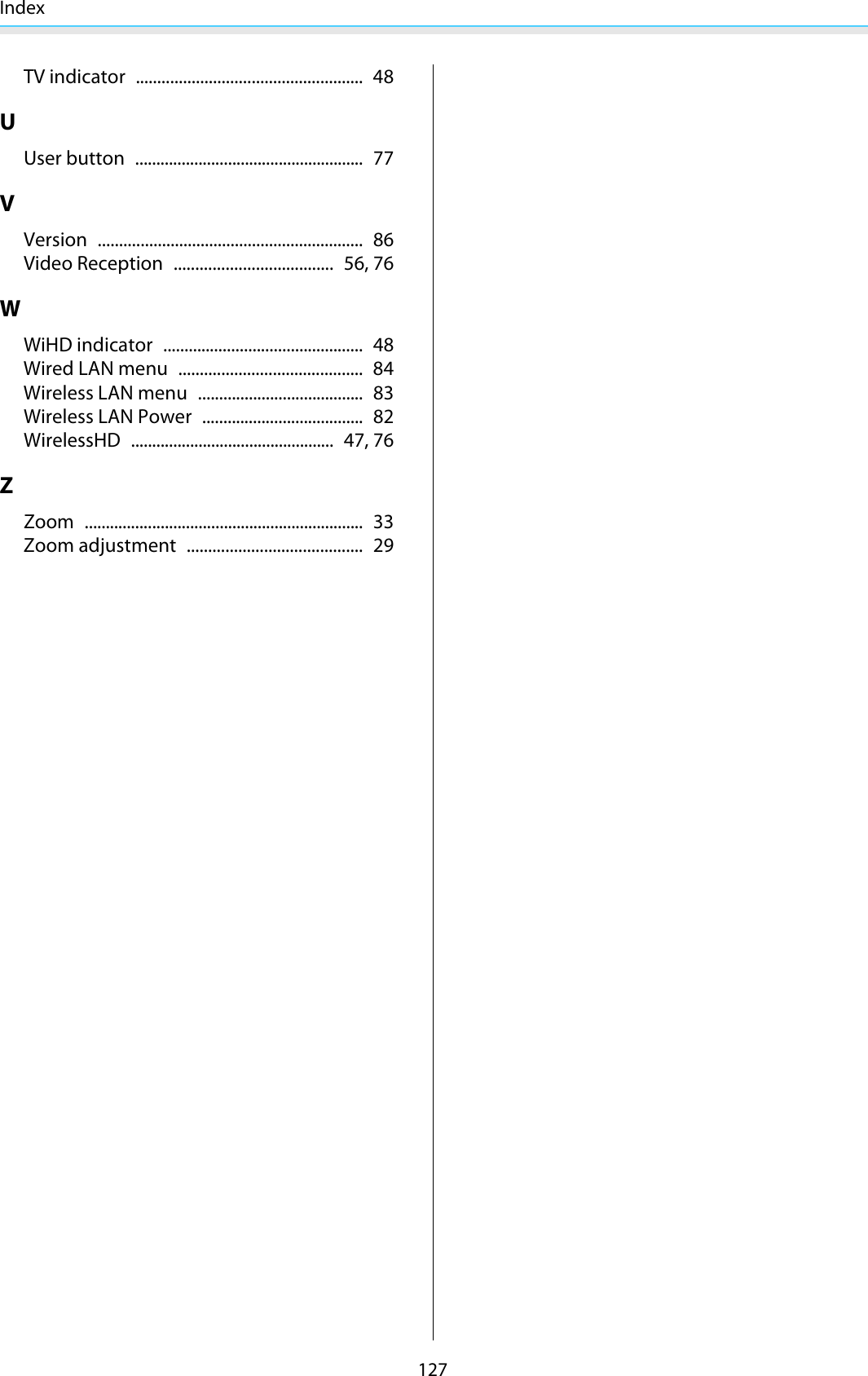 Index127TV indicator ..................................................... 48UUser button ...................................................... 77VVersion .............................................................. 86Video Reception ..................................... 56, 76WWiHD indicator ............................................... 48Wired LAN menu ........................................... 84Wireless LAN menu ....................................... 83Wireless LAN Power ...................................... 82WirelessHD ................................................ 47, 76ZZoom .................................................................. 33Zoom adjustment ......................................... 29