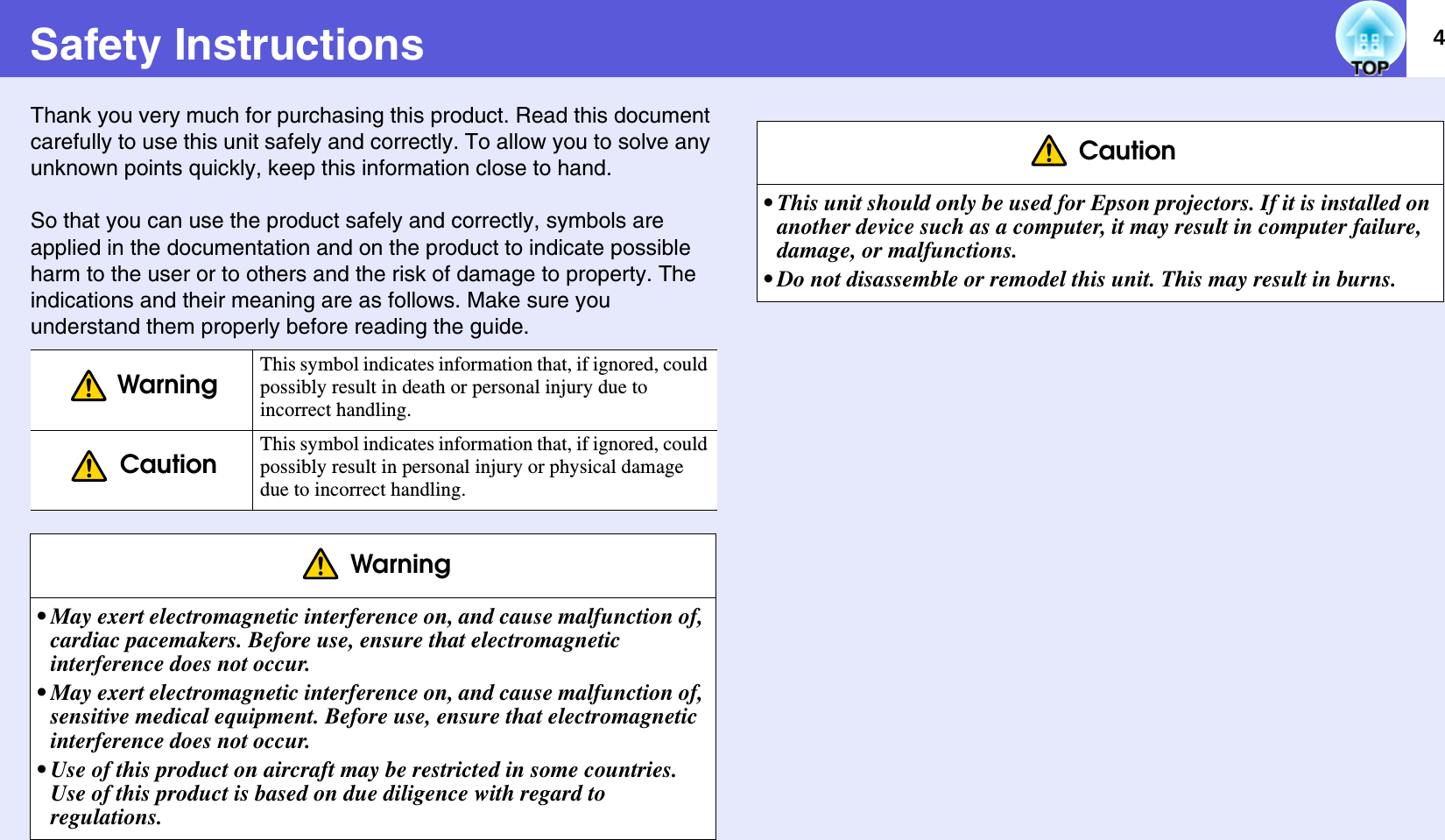 4Safety InstructionsThank you very much for purchasing this product. Read this document carefully to use this unit safely and correctly. To allow you to solve any unknown points quickly, keep this information close to hand.So that you can use the product safely and correctly, symbols are applied in the documentation and on the product to indicate possible harm to the user or to others and the risk of damage to property. The indications and their meaning are as follows. Make sure you understand them properly before reading the guide.Warning This symbol indicates information that, if ignored, could possibly result in death or personal injury due to incorrect handling.Caution This symbol indicates information that, if ignored, could possibly result in personal injury or physical damage due to incorrect handling.Warning• May exert electromagnetic interference on, and cause malfunction of, cardiac pacemakers. Before use, ensure that electromagnetic interference does not occur.• May exert electromagnetic interference on, and cause malfunction of, sensitive medical equipment. Before use, ensure that electromagnetic interference does not occur.• Use of this product on aircraft may be restricted in some countries. Use of this product is based on due diligence with regard to regulations.Caution• This unit should only be used for Epson projectors. If it is installed on another device such as a computer, it may result in computer failure, damage, or malfunctions.• Do not disassemble or remodel this unit. This may result in burns.