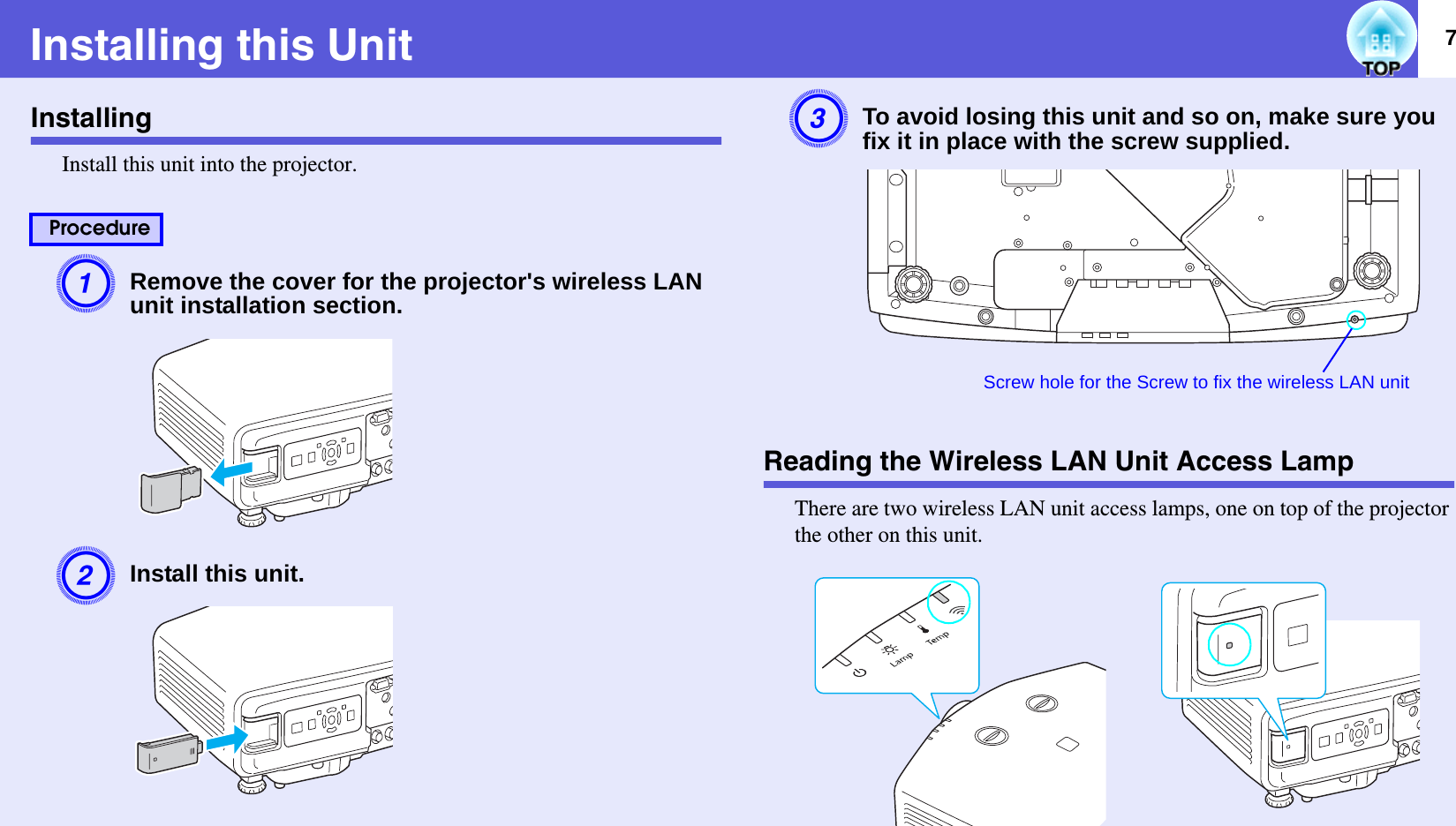 7Installing this UnitInstallingInstall this unit into the projector.ARemove the cover for the projector&apos;s wireless LAN unit installation section.  BInstall this unit.  CTo avoid losing this unit and so on, make sure you fix it in place with the screw supplied.  Reading the Wireless LAN Unit Access LampThere are two wireless LAN unit access lamps, one on top of the projector the other on this unit.ProcedureScrew hole for the Screw to fix the wireless LAN unit