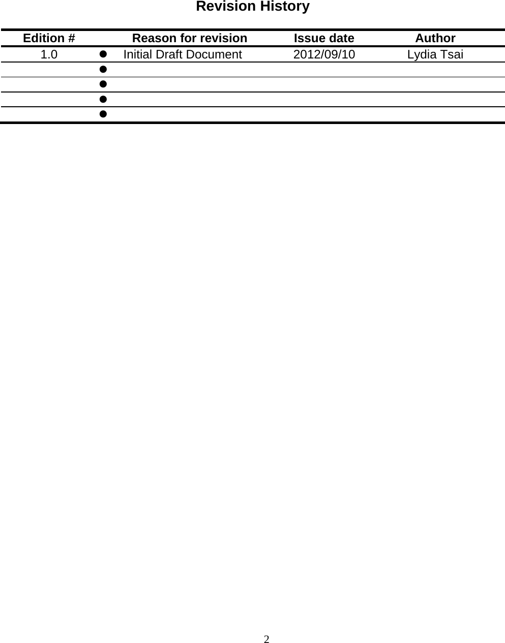                        2 Revision History  Edition #  Reason for revision  Issue date  Author 1.0    Initial Draft Document  2012/09/10  Lydia Tsai                               