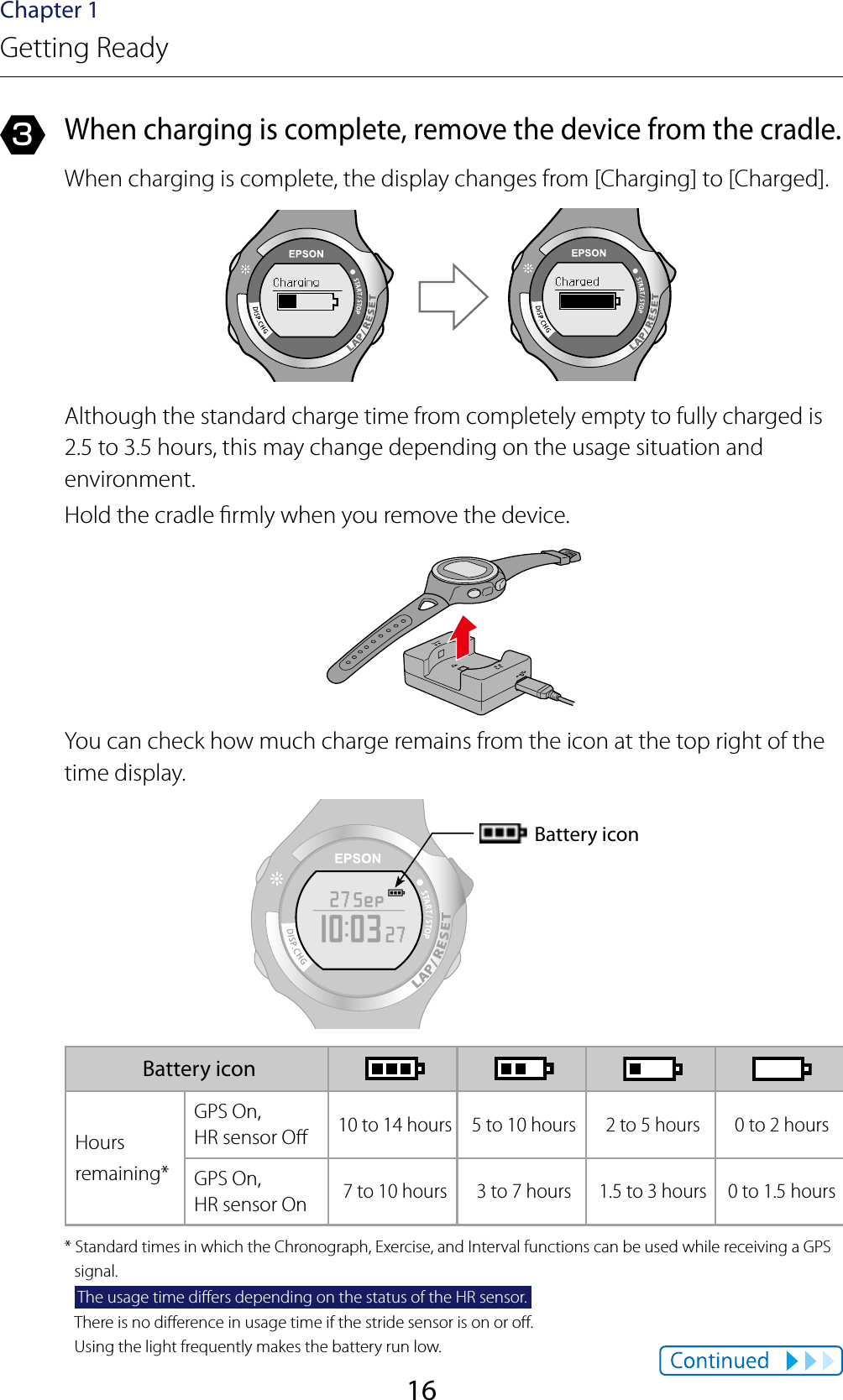 16Chapter 1Getting Ready3 When charging is complete, remove the device from the cradle.When charging is complete, the display changes from [Charging] to [Charged].Although the standard charge time from completely empty to fully charged is  2.5 to 3.5 hours, this may change depending on the usage situation and environment.Hold the cradle rmly when you remove the device.You can check how much charge remains from the icon at the top right of the time display.Battery iconBattery iconHours remaining*GPS On,  HR sensor O10 to 14 hours 5 to 10 hours 2 to 5 hours 0 to 2 hoursGPS On,  HR sensor On7 to 10 hours 3 to 7 hours 1.5 to 3 hours 0 to 1.5 hours* Standard times in which the Chronograph, Exercise, and Interval functions can be used while receiving a GPS signal. The usage time diers depending on the status of the HR sensor. There is no dierence in usage time if the stride sensor is on or o.  Using the light frequently makes the battery run low.