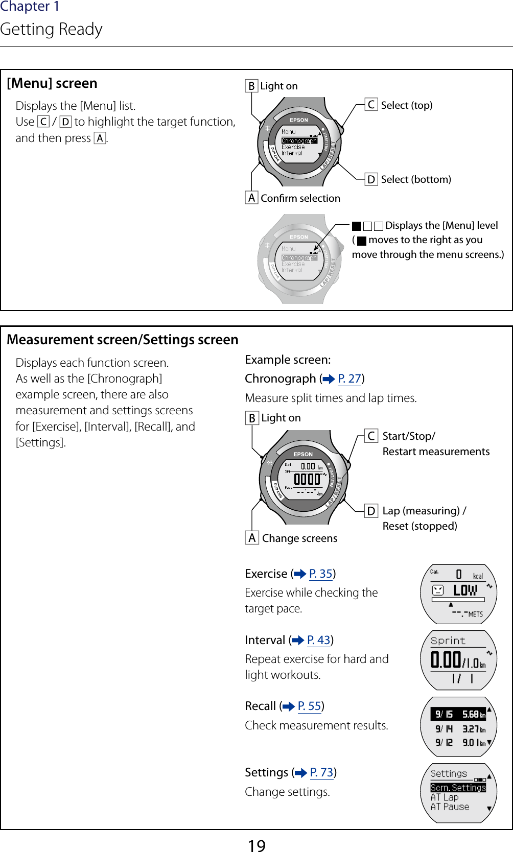 19Chapter 1Getting Ready[Menu] screenSelect (top)Select (bottom)Conrm selectionLight onDisplays the [Menu] list.Use   /   to highlight the target function, and then press  . Displays the [Menu] level(   moves to the right as you move through the menu screens.)Measurement screen/Settings screenDisplays each function screen.As well as the [Chronograph] example screen, there are also measurement and settings screens for [Exercise], [Interval], [Recall], and [Settings].Example screen:Chronograph (  P. 27)Measure split times and lap times.Start/Stop/ Restart measurementsLap (measuring) / Reset (stopped)Change screensLight onExercise (  P. 35)Exercise while checking the target pace.Interval (  P. 43)Repeat exercise for hard and light workouts.Recall (  P. 55)Check measurement results.Settings (  P. 73)Change settings.