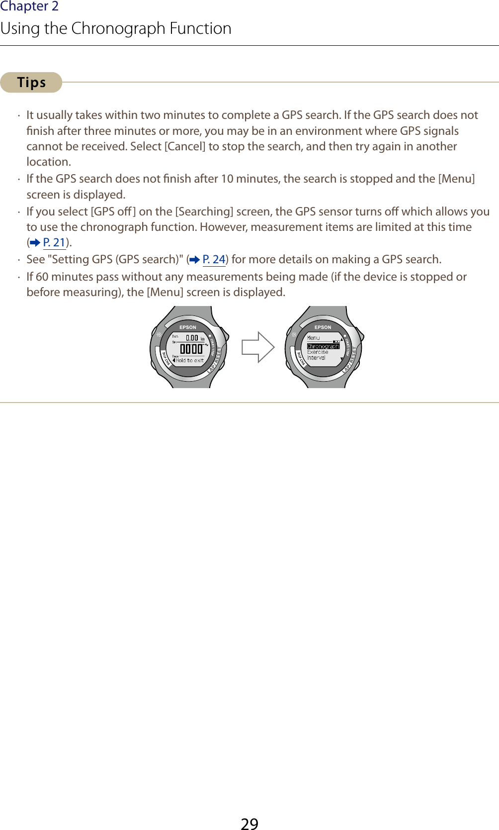 29Chapter 2Using the Chronograph Function ·  It usually takes within two minutes to complete a GPS search. If the GPS search does not nish after three minutes or more, you may be in an environment where GPS signals cannot be received. Select [Cancel] to stop the search, and then try again in another location. ·  If the GPS search does not nish after 10 minutes, the search is stopped and the [Menu] screen is displayed. ·  If you select [GPS o] on the [Searching] screen, the GPS sensor turns o which allows you to use the chronograph function. However, measurement items are limited at this time  ( P. 21). ·  See &quot;Setting GPS (GPS search)&quot; (  P. 24) for more details on making a GPS search. ·  If 60 minutes pass without any measurements being made (if the device is stopped or before measuring), the [Menu] screen is displayed.