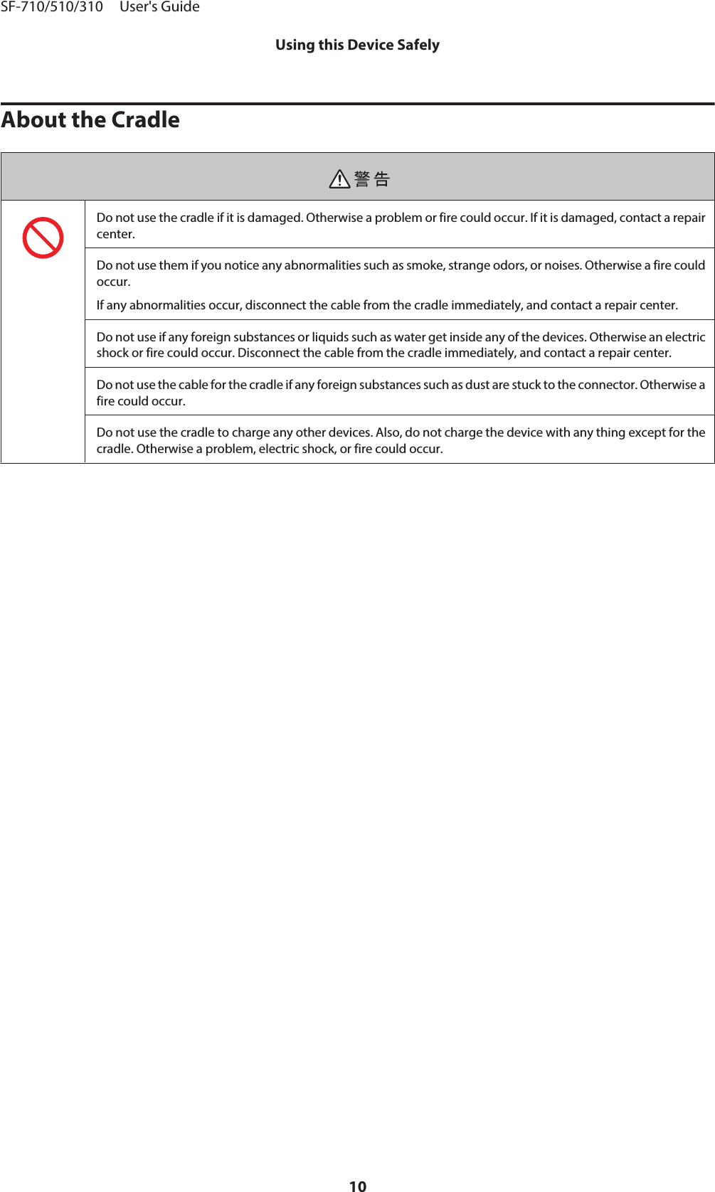 About the CradleDo not use the cradle if it is damaged. Otherwise a problem or fire could occur. If it is damaged, contact a repaircenter.Do not use them if you notice any abnormalities such as smoke, strange odors, or noises. Otherwise a fire couldoccur.If any abnormalities occur, disconnect the cable from the cradle immediately, and contact a repair center.Do not use if any foreign substances or liquids such as water get inside any of the devices. Otherwise an electricshock or fire could occur. Disconnect the cable from the cradle immediately, and contact a repair center.Do not use the cable for the cradle if any foreign substances such as dust are stuck to the connector. Otherwise afire could occur.Do not use the cradle to charge any other devices. Also, do not charge the device with any thing except for thecradle. Otherwise a problem, electric shock, or fire could occur.SF-710/510/310     User&apos;s GuideUsing this Device Safely10