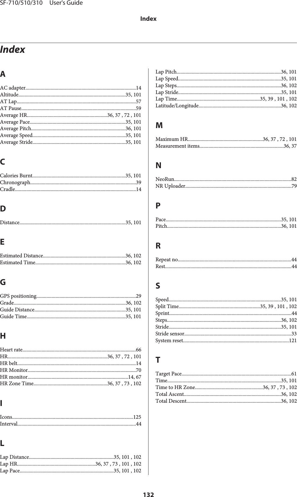 IndexAAC adapter.......................................................................................14Altitude....................................................................................35, 101AT Lap..............................................................................................57AT Pause..........................................................................................59Average HR...............................................................36, 37 , 72 , 101Average Pace...........................................................................35, 101Average Pitch..........................................................................36, 101Average Speed.........................................................................35, 101Average Stride.........................................................................35, 101CCalories Burnt.........................................................................35, 101Chronograph...................................................................................39Cradle...............................................................................................14DDistance...................................................................................35, 101EEstimated Distance.................................................................36, 102Estimated Time.......................................................................36, 102GGPS positioning..............................................................................29Grade........................................................................................36, 102Guide Distance........................................................................35, 101Guide Time..............................................................................35, 101HHeart rate.........................................................................................66HR..............................................................................36, 37 , 72 , 101HR belt.............................................................................................14HR Monitor.....................................................................................70HR monitor...............................................................................14, 67HR Zone Time..........................................................36, 37 , 73 , 102IIcons...............................................................................................125Interval.............................................................................................44LLap Distance...................................................................35, 101 , 102Lap HR.............................................................36, 37 , 73 , 101 , 102Lap Pace..........................................................................35, 101 , 102Lap Pitch..................................................................................36, 101Lap Speed.................................................................................35, 101Lap Steps..................................................................................36, 102Lap Stride.................................................................................35, 101Lap Time.................................................................35, 39 , 101 , 102Latitude/Longitude.................................................................36, 102MMaximum HR...........................................................36, 37 , 72 , 101Measurement items..................................................................36, 37NNeoRun............................................................................................82NR Uploader....................................................................................79PPace...........................................................................................35, 101Pitch..........................................................................................36, 101RRepeat no.........................................................................................44Rest....................................................................................................44SSpeed........................................................................................35, 101Split Time................................................................35, 39 , 101 , 102Sprint................................................................................................44Steps..........................................................................................36, 102Stride........................................................................................35, 101Stride sensor....................................................................................33System reset...................................................................................121TTarget Pace......................................................................................61Time.........................................................................................35, 101Time to HR Zone.....................................................36, 37 , 73 , 102Total Ascent............................................................................36, 102Total Descent..........................................................................36, 102SF-710/510/310     User&apos;s GuideIndex132
