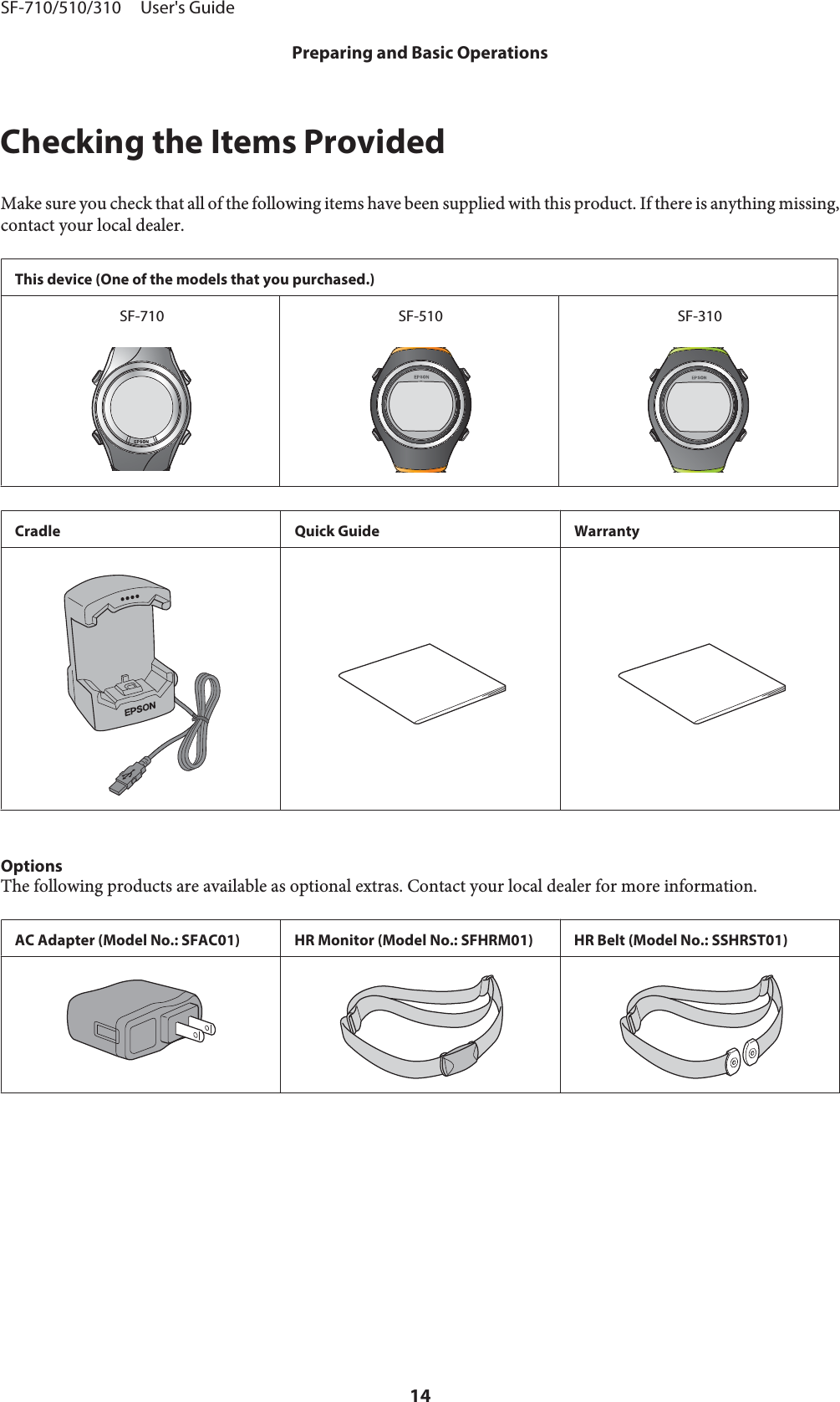 Checking the Items ProvidedMake sure you check that all of the following items have been supplied with this product. If there is anything missing,contact your local dealer.This device (One of the models that you purchased.)SF-710 SF-510 SF-310Cradle Quick Guide WarrantyOptionsThe following products are available as optional extras. Contact your local dealer for more information.AC Adapter (Model No.: SFAC01) HR Monitor (Model No.: SFHRM01) HR Belt (Model No.: SSHRST01)SF-710/510/310     User&apos;s GuidePreparing and Basic Operations14