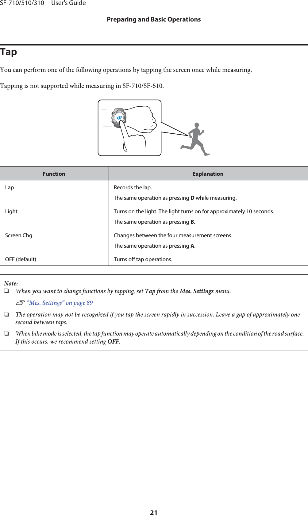 TapYou can perform one of the following operations by tapping the screen once while measuring.Tapping is not supported while measuring in SF-710/SF-510.Function ExplanationLap Records the lap.The same operation as pressing D while measuring.Light Turns on the light. The light turns on for approximately 10 seconds.The same operation as pressing B.Screen Chg. Changes between the four measurement screens.The same operation as pressing A.OFF (default) Turns off tap operations.Note:❏When you want to change functions by tapping, set Tap from the Mes. Settings menu.U “Mes. Settings” on page 89❏The operation may not be recognized if you tap the screen rapidly in succession. Leave a gap of approximately onesecond between taps.❏When bike mode is selected, the tap function may operate automatically depending on the condition of the road surface.If this occurs, we recommend setting OFF.SF-710/510/310     User&apos;s GuidePreparing and Basic Operations21