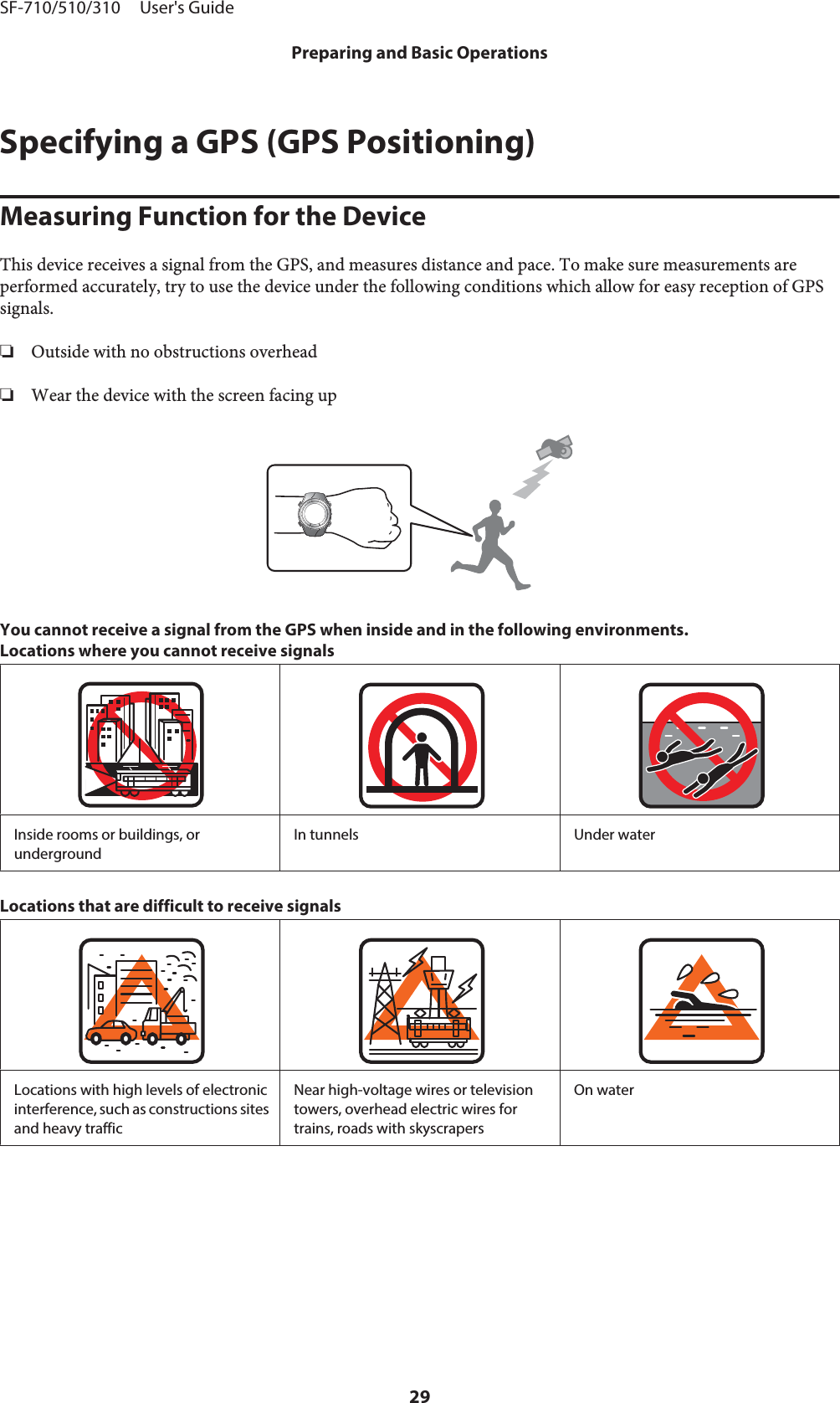 Specifying a GPS (GPS Positioning)Measuring Function for the DeviceThis device receives a signal from the GPS, and measures distance and pace. To make sure measurements areperformed accurately, try to use the device under the following conditions which allow for easy reception of GPSsignals.❏Outside with no obstructions overhead❏Wear the device with the screen facing upYou cannot receive a signal from the GPS when inside and in the following environments.Locations where you cannot receive signalsInside rooms or buildings, orundergroundIn tunnels Under waterLocations that are difficult to receive signalsLocations with high levels of electronicinterference, such as constructions sitesand heavy trafficNear high-voltage wires or televisiontowers, overhead electric wires fortrains, roads with skyscrapersOn waterSF-710/510/310     User&apos;s GuidePreparing and Basic Operations29