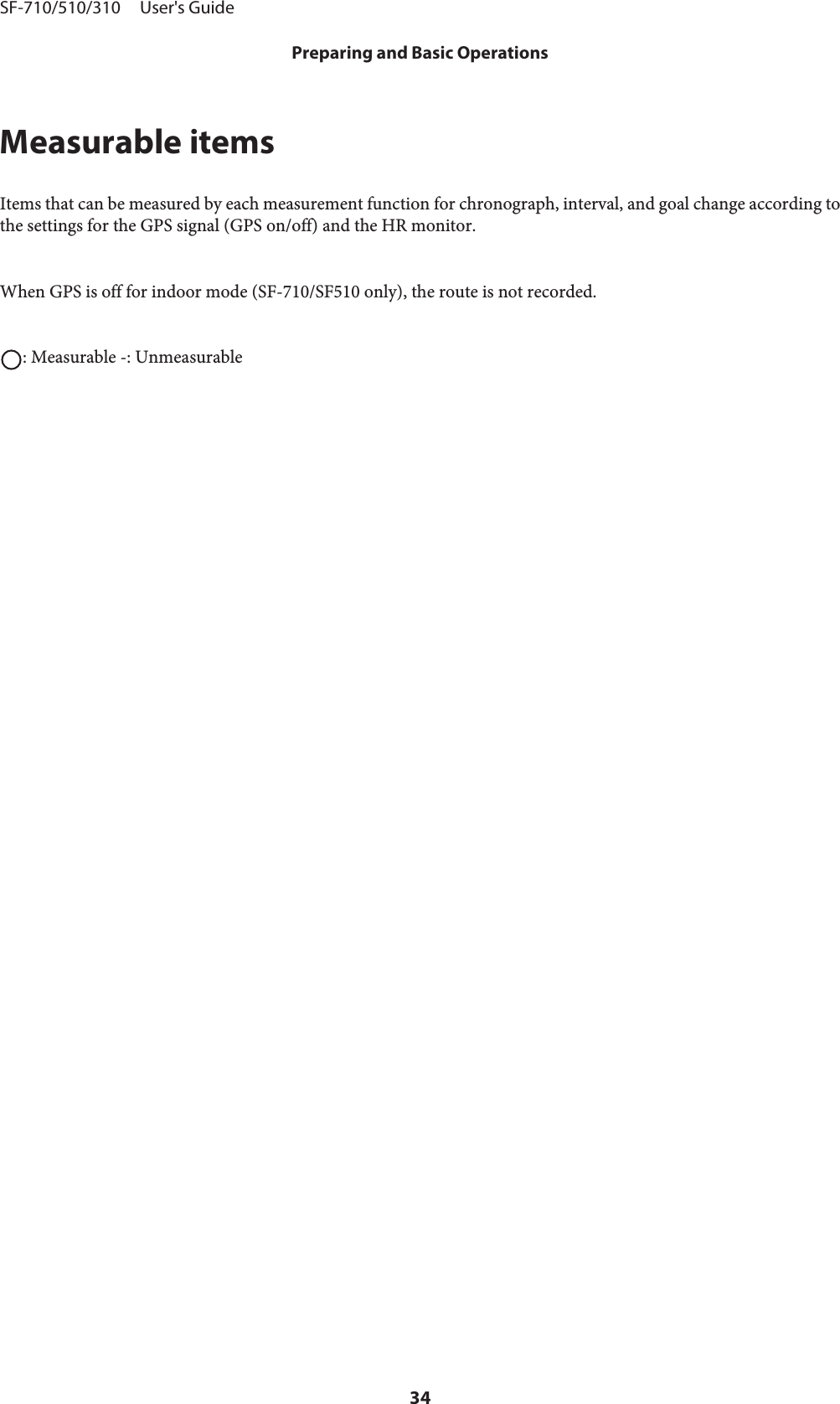 Measurable itemsItems that can be measured by each measurement function for chronograph, interval, and goal change according tothe settings for the GPS signal (GPS on/off) and the HR monitor.When GPS is off for indoor mode (SF-710/SF510 only), the route is not recorded.: Measurable -: UnmeasurableSF-710/510/310     User&apos;s GuidePreparing and Basic Operations34