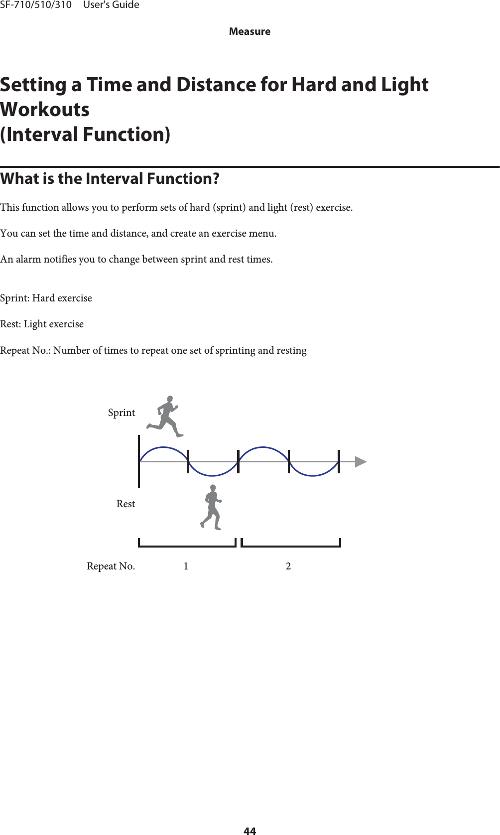 Setting a Time and Distance for Hard and LightWorkouts(Interval Function)What is the Interval Function?This function allows you to perform sets of hard (sprint) and light (rest) exercise.You can set the time and distance, and create an exercise menu.An alarm notifies you to change between sprint and rest times.Sprint: Hard exerciseRest: Light exerciseRepeat No.: Number of times to repeat one set of sprinting and restingSprintRestRepeat No. 1 2SF-710/510/310     User&apos;s GuideMeasure44