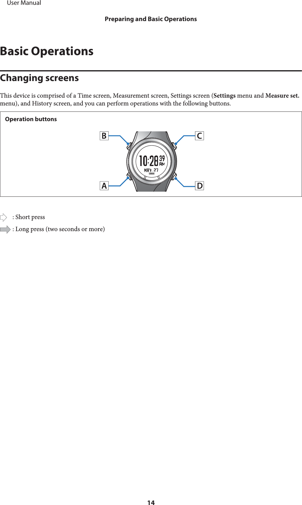 Basic OperationsChanging screensThis device is comprised of a Time screen, Measurement screen, Settings screen (Settings menu and Measure set.menu), and History screen, and you can perform operations with the following buttons.Operation buttons: Short press: Long press (two seconds or more)     User ManualPreparing and Basic Operations14