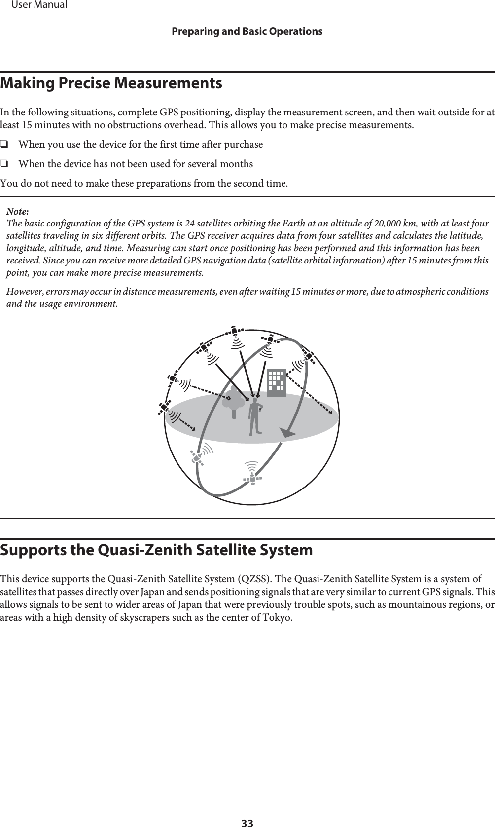 Making Precise MeasurementsIn the following situations, complete GPS positioning, display the measurement screen, and then wait outside for atleast 15 minutes with no obstructions overhead. This allows you to make precise measurements.❏When you use the device for the first time after purchase❏When the device has not been used for several monthsYou do not need to make these preparations from the second time.Note:The basic configuration of the GPS system is 24 satellites orbiting the Earth at an altitude of 20,000 km, with at least foursatellites traveling in six different orbits. The GPS receiver acquires data from four satellites and calculates the latitude,longitude, altitude, and time. Measuring can start once positioning has been performed and this information has beenreceived. Since you can receive more detailed GPS navigation data (satellite orbital information) after 15 minutes from thispoint, you can make more precise measurements.However, errors may occur in distance measurements, even after waiting 15 minutes or more, due to atmospheric conditionsand the usage environment.Supports the Quasi-Zenith Satellite SystemThis device supports the Quasi-Zenith Satellite System (QZSS). The Quasi-Zenith Satellite System is a system ofsatellites that passes directly over Japan and sends positioning signals that are very similar to current GPS signals. Thisallows signals to be sent to wider areas of Japan that were previously trouble spots, such as mountainous regions, orareas with a high density of skyscrapers such as the center of Tokyo.     User ManualPreparing and Basic Operations33