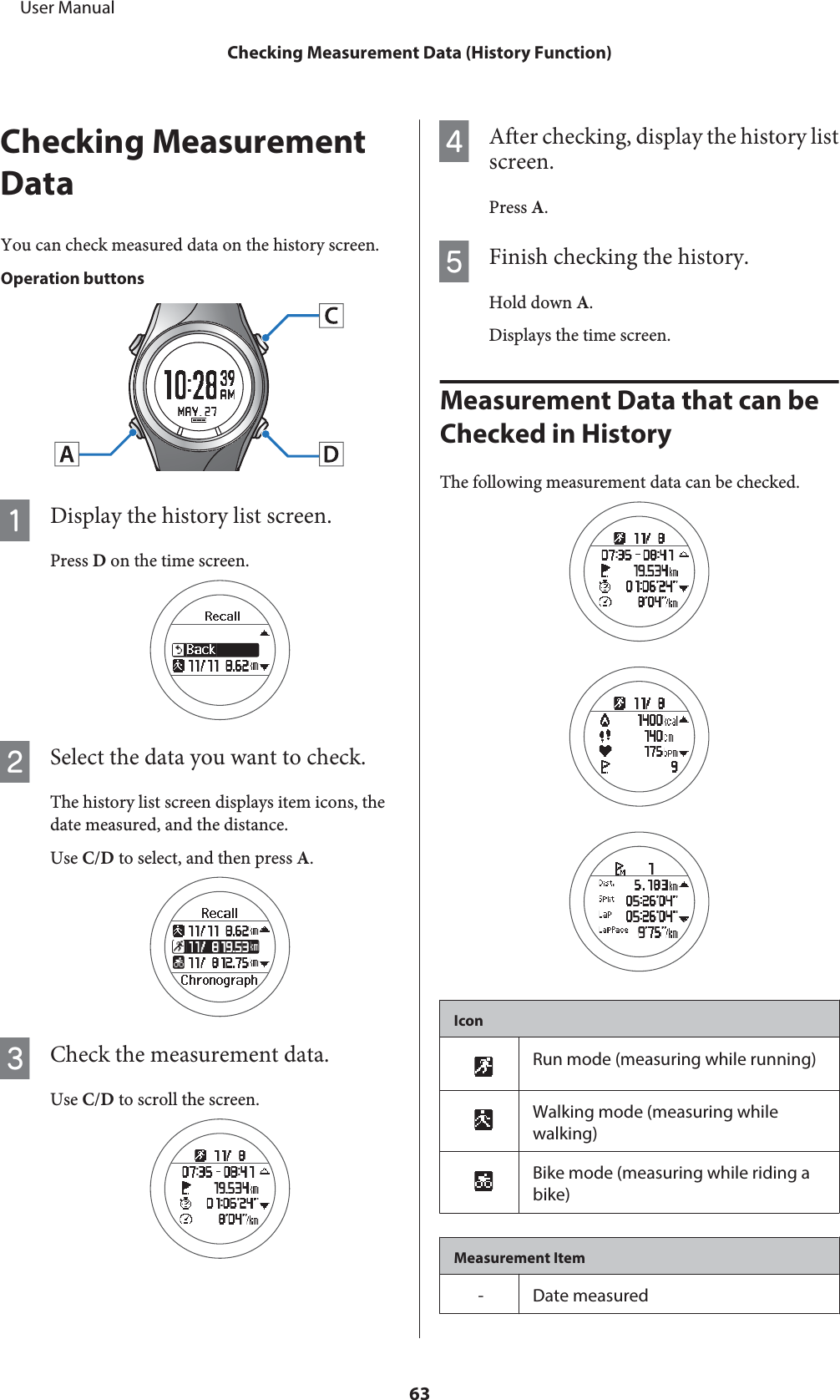 Checking MeasurementDataYou can check measured data on the history screen.Operation buttonsADisplay the history list screen.Press D on the time screen.BSelect the data you want to check.The history list screen displays item icons, thedate measured, and the distance.Use C/D to select, and then press A.CCheck the measurement data.Use C/D to scroll the screen.DAfter checking, display the history listscreen.Press A.EFinish checking the history.Hold down A.Displays the time screen.Measurement Data that can be Checked in HistoryThe following measurement data can be checked.IconRun mode (measuring while running)Walking mode (measuring whilewalking)Bike mode (measuring while riding abike)Measurement Item- Date measured     User ManualChecking Measurement Data (History Function)63