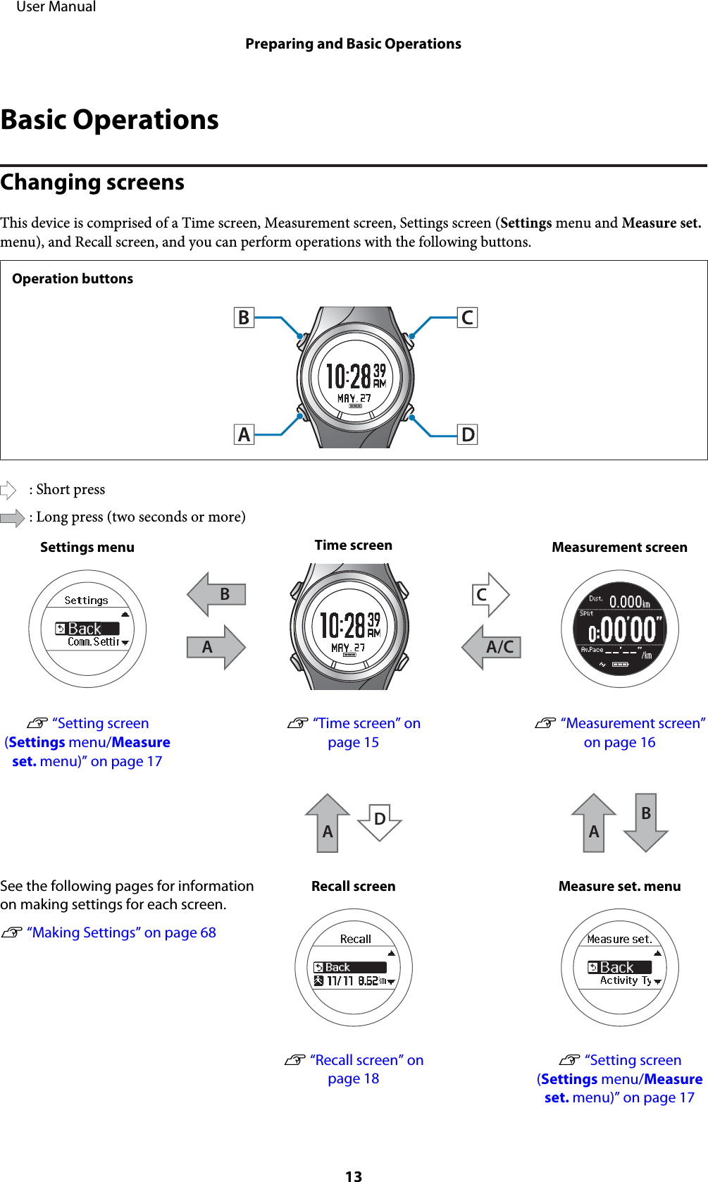 Basic OperationsChanging screensThis device is comprised of a Time screen, Measurement screen, Settings screen (Settings menu and Measure set.menu), and Recall screen, and you can perform operations with the following buttons.Operation buttons: Short press: Long press (two seconds or more)Settings menuABTime screenCA/CMeasurement screenU “Setting screen(Settings menu/Measureset. menu)” on page 17U “Time screen” onpage 15U “Measurement screen”on page 16DAABSee the following pages for informationon making settings for each screen.U “Making Settings” on page 68Recall screen Measure set. menuU “Recall screen” onpage 18U “Setting screen(Settings menu/Measureset. menu)” on page 17     User ManualPreparing and Basic Operations13