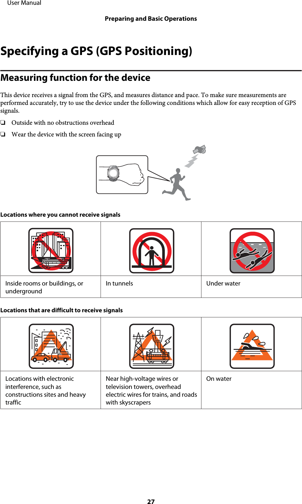Specifying a GPS (GPS Positioning)Measuring function for the deviceThis device receives a signal from the GPS, and measures distance and pace. To make sure measurements areperformed accurately, try to use the device under the following conditions which allow for easy reception of GPSsignals.❏Outside with no obstructions overhead❏Wear the device with the screen facing upLocations where you cannot receive signalsInside rooms or buildings, orundergroundIn tunnels Under waterLocations that are difficult to receive signalsLocations with electronicinterference, such asconstructions sites and heavytrafficNear high-voltage wires ortelevision towers, overheadelectric wires for trains, and roadswith skyscrapersOn water     User ManualPreparing and Basic Operations27