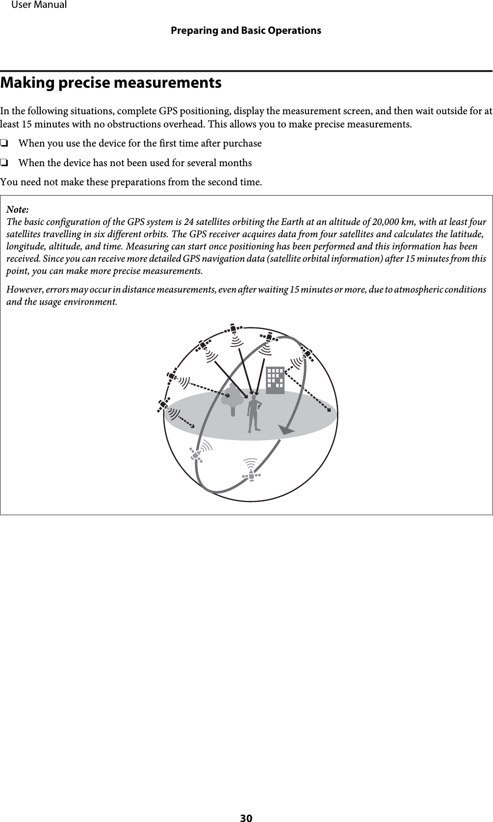 Making precise measurementsIn the following situations, complete GPS positioning, display the measurement screen, and then wait outside for atleast 15 minutes with no obstructions overhead. This allows you to make precise measurements.❏When you use the device for the first time after purchase❏When the device has not been used for several monthsYou need not make these preparations from the second time.Note:The basic configuration of the GPS system is 24 satellites orbiting the Earth at an altitude of 20,000 km, with at least foursatellites travelling in six different orbits. The GPS receiver acquires data from four satellites and calculates the latitude,longitude, altitude, and time. Measuring can start once positioning has been performed and this information has beenreceived. Since you can receive more detailed GPS navigation data (satellite orbital information) after 15 minutes from thispoint, you can make more precise measurements.However, errors may occur in distance measurements, even after waiting 15 minutes or more, due to atmospheric conditionsand the usage environment.     User ManualPreparing and Basic Operations30