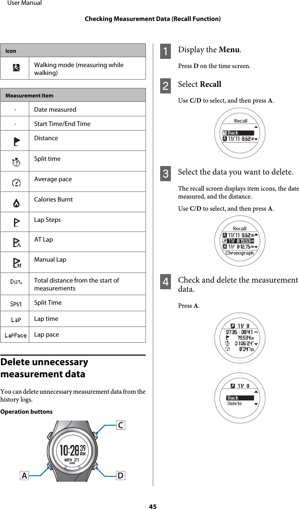 IconWalking mode (measuring whilewalking)Measurement Item-Date measured- Start Time/End TimeDistanceSplit timeAverage paceCalories BurntLap StepsAT LapManual LapTotal distance from the start ofmeasurementsSplit TimeLap timeLap paceDelete unnecessary measurement dataYou can delete unnecessary measurement data from thehistory logs.Operation buttonsADisplay the Menu.Press D on the time screen.BSelect RecallUse C/D to select, and then press A.CSelect the data you want to delete.The recall screen displays item icons, the datemeasured, and the distance.Use C/D to select, and then press A.DCheck and delete the measurementdata.Press A.     User ManualChecking Measurement Data (Recall Function)45