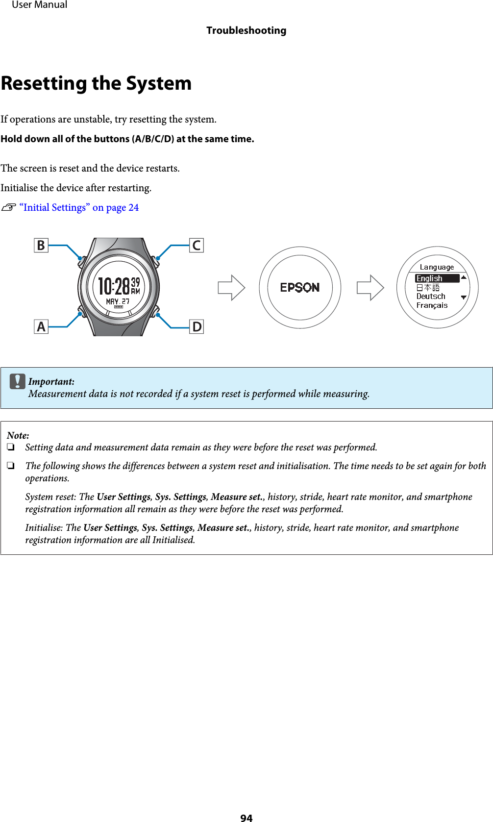Resetting the SystemIf operations are unstable, try resetting the system.Hold down all of the buttons (A/B/C/D) at the same time.The screen is reset and the device restarts.Initialise the device after restarting.U “Initial Settings” on page 24cImportant:Measurement data is not recorded if a system reset is performed while measuring.Note:❏Setting data and measurement data remain as they were before the reset was performed.❏The following shows the differences between a system reset and initialisation. The time needs to be set again for bothoperations.System reset: The User Settings, Sys. Settings, Measure set., history, stride, heart rate monitor, and smartphoneregistration information all remain as they were before the reset was performed.Initialise: The User Settings, Sys. Settings, Measure set., history, stride, heart rate monitor, and smartphoneregistration information are all Initialised.     User ManualTroubleshooting94