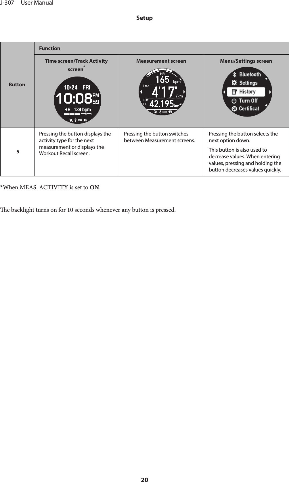 ButtonFunctionTime screen/Track Activityscreen*Measurement screen Menu/Settings screen5Pressing the button displays theactivity type for the nextmeasurement or displays theWorkout Recall screen.Pressing the button switchesbetween Measurement screens.Pressing the button selects thenext option down.This button is also used todecrease values. When enteringvalues, pressing and holding thebutton decreases values quickly.*When MEAS. ACTIVITY is set to ON.e backlight turns on for 10 seconds whenever any button is pressed.J-307     User ManualSetup20