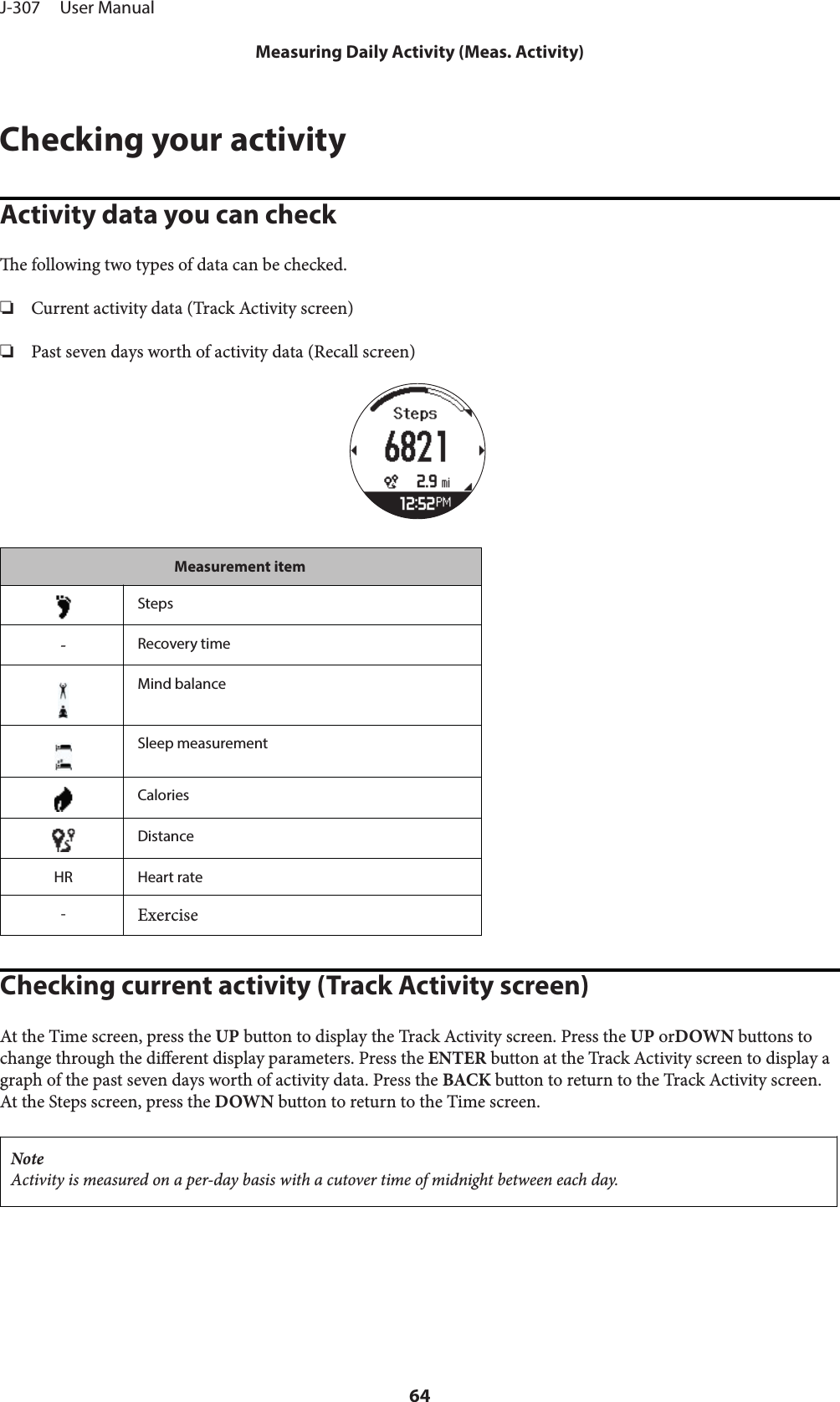 Checking your activityActivity data you can checke following two types of data can be checked.❏Current activity data (Track Activity screen)❏Past seven days worth of activity data (Recall screen)Measurement itemSteps-Recovery timeMind balanceSleep measurementCaloriesDistanceHR Heart rate-ExerciseChecking current activity (Track Activity screen)At the Time screen, press the UP button to display the Track Activity screen. Press the UP orDOWN buttons tochange through the dierent display parameters. Press the ENTER button at the Track Activity screen to display agraph of the past seven days worth of activity data. Press the BACK button to return to the Track Activity screen.At the Steps screen, press the DOWN button to return to the Time screen.NoteActivity is measured on a per-day basis with a cutover time of midnight between each day.J-307     User ManualMeasuring Daily Activity (Meas. Activity)64