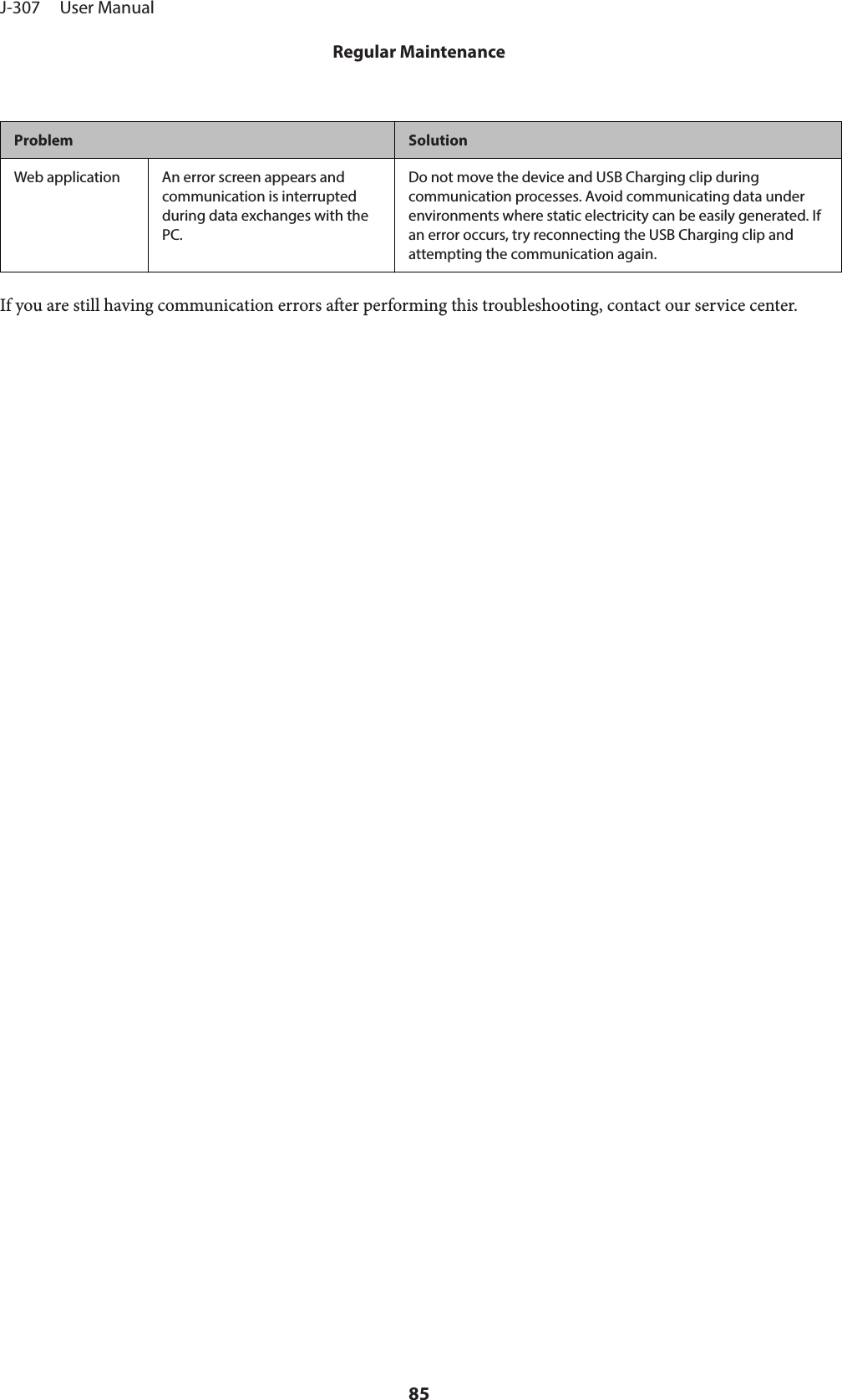 Problem SolutionWeb application An error screen appears andcommunication is interruptedduring data exchanges with thePC.Do not move the device and USB Charging clip duringcommunication processes. Avoid communicating data underenvironments where static electricity can be easily generated. Ifan error occurs, try reconnecting the USB Charging clip andattempting the communication again.If you are still having communication errors aer performing this troubleshooting, contact our service center.J-307     User ManualRegular Maintenance85