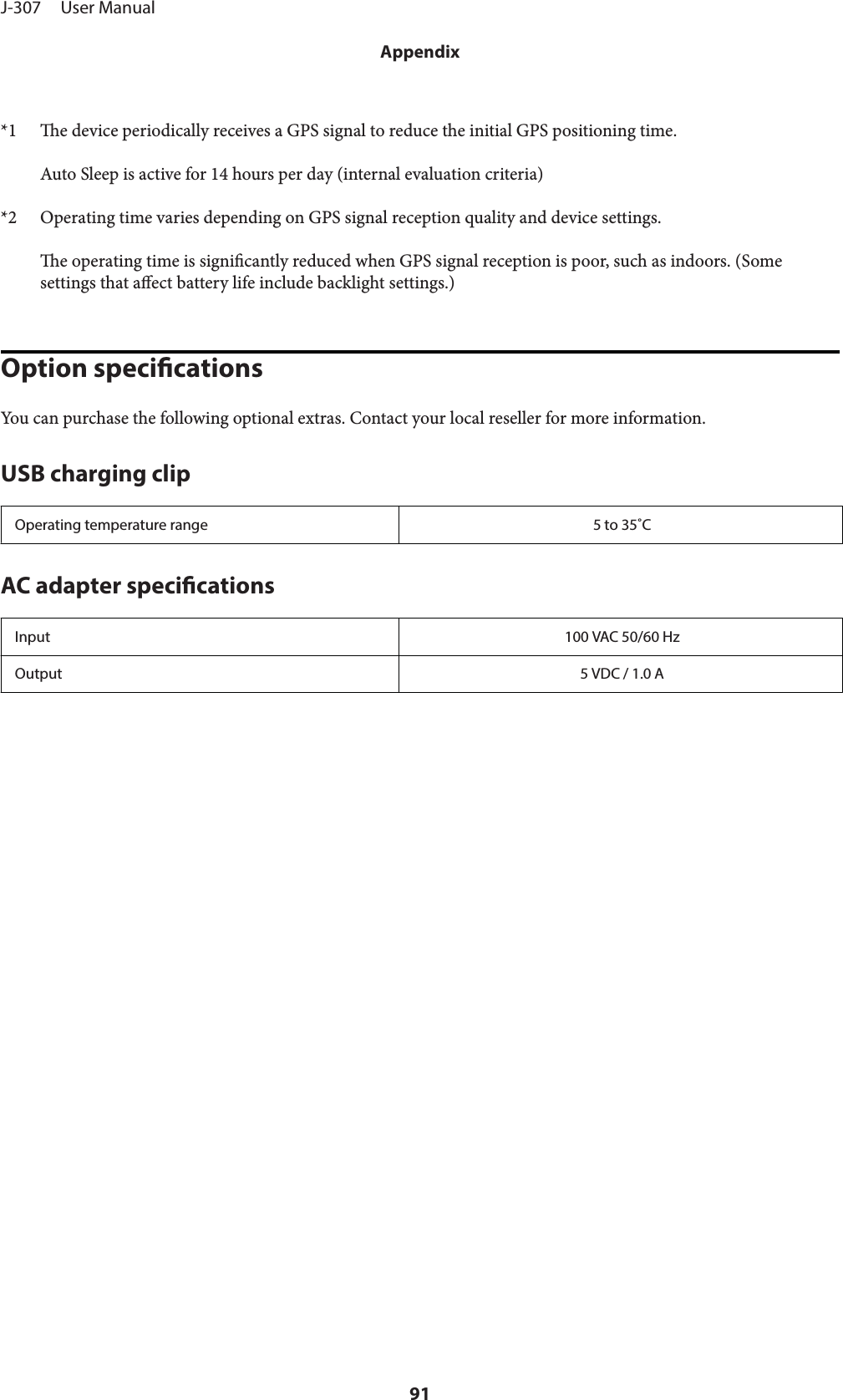 *1 e device periodically receives a GPS signal to reduce the initial GPS positioning time.Auto Sleep is active for 14 hours per day (internal evaluation criteria)*2 Operating time varies depending on GPS signal reception quality and device settings.e operating time is signicantly reduced when GPS signal reception is poor, such as indoors. (Somesettings that aect battery life include backlight settings.)Option specicationsYou can purchase the following optional extras. Contact your local reseller for more information.USB charging clipOperating temperature range 5 to 35˚CAC adapter specicationsInput 100 VAC 50/60 HzOutput 5 VDC / 1.0 AJ-307     User ManualAppendix91